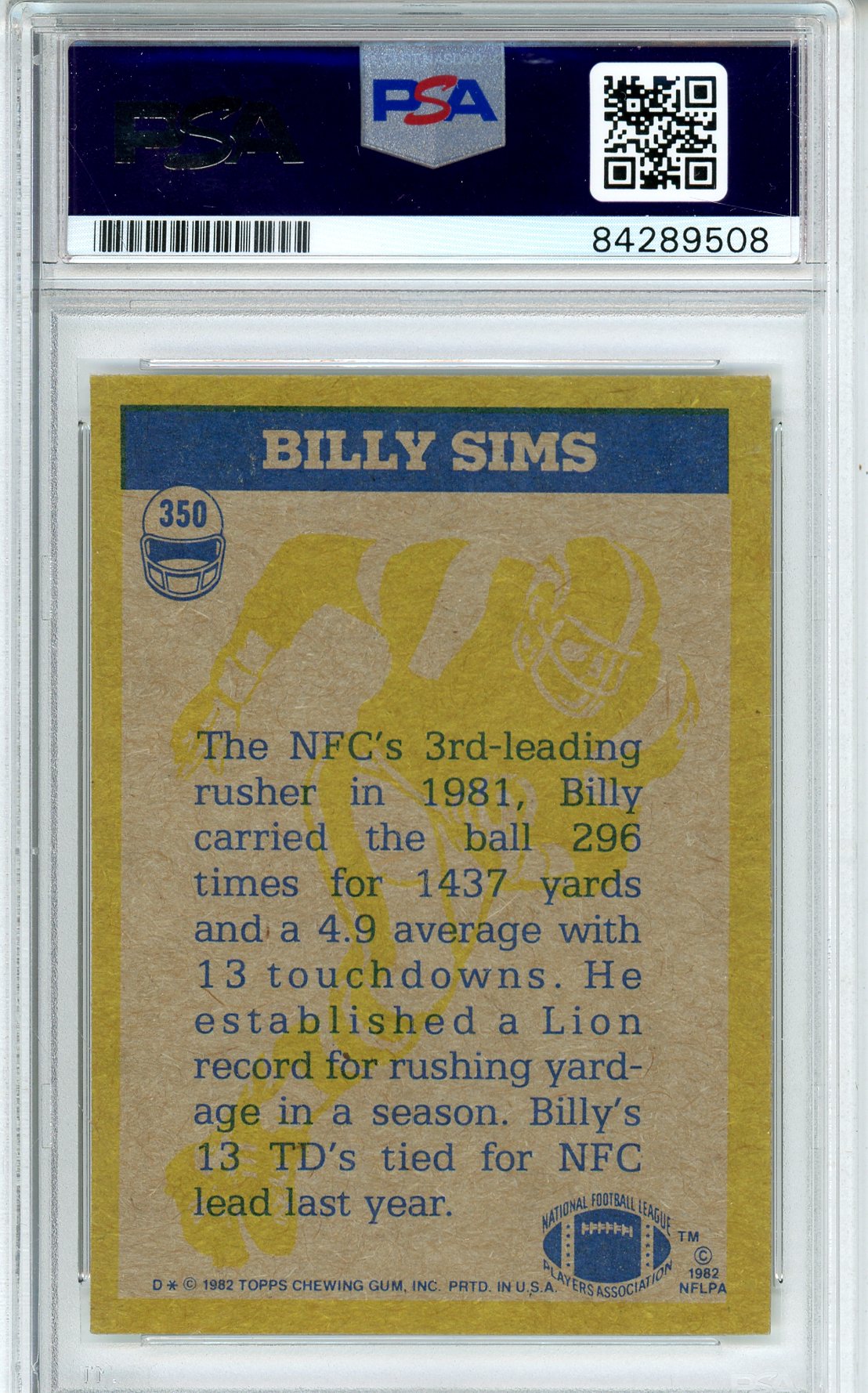 1982 TOPPS FOOTBALL - IN ACTION BILLY SIMS #350 LIONS AUTO PSA/DNA AUTHENTIC AUTO