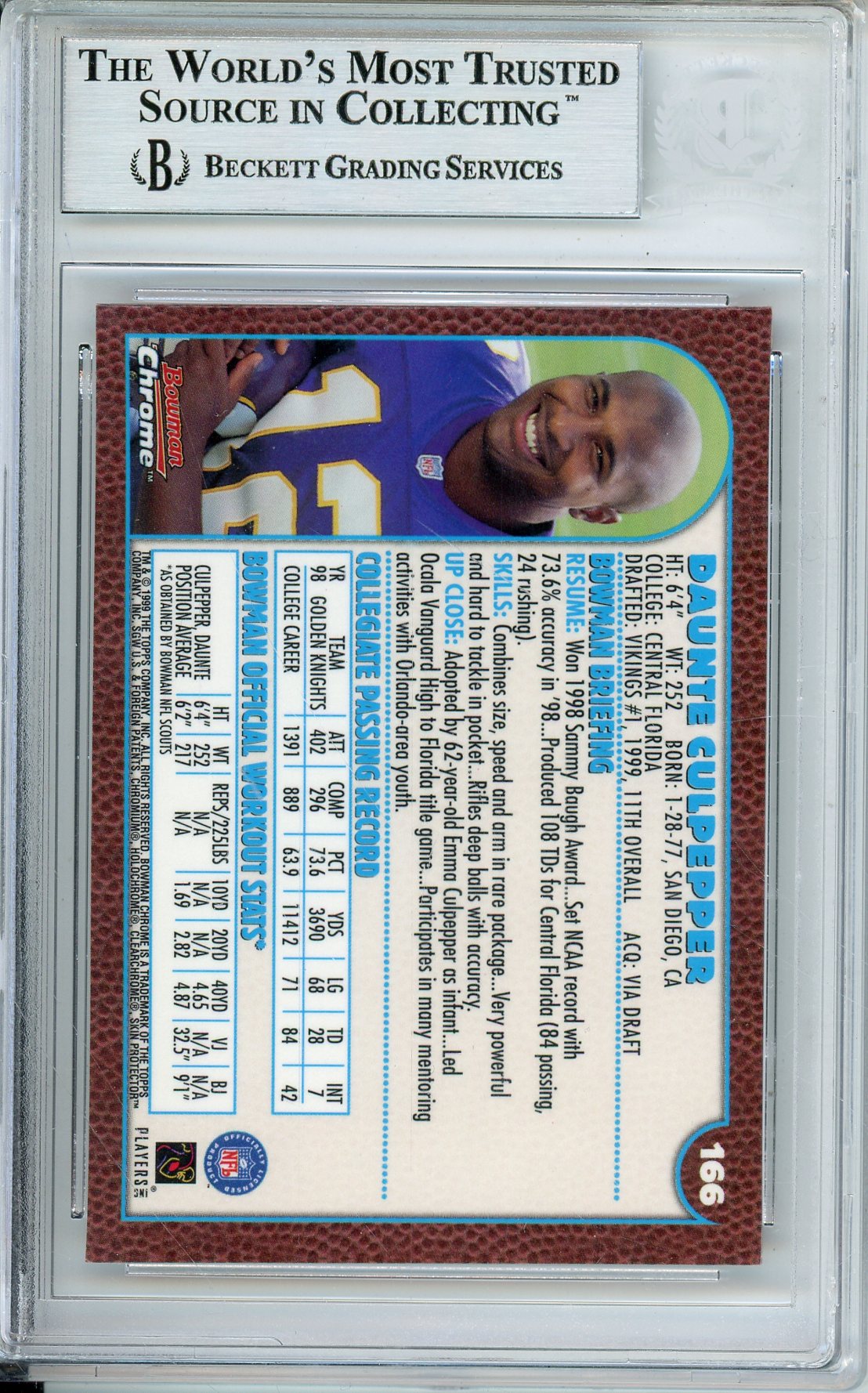 1999 BOWMAN CHROME FOOTBALL DAUNTE CULPEPPER #166 VIKINGS ROOKIE CARD AUTOGRAPH BGS AUTHENTIC