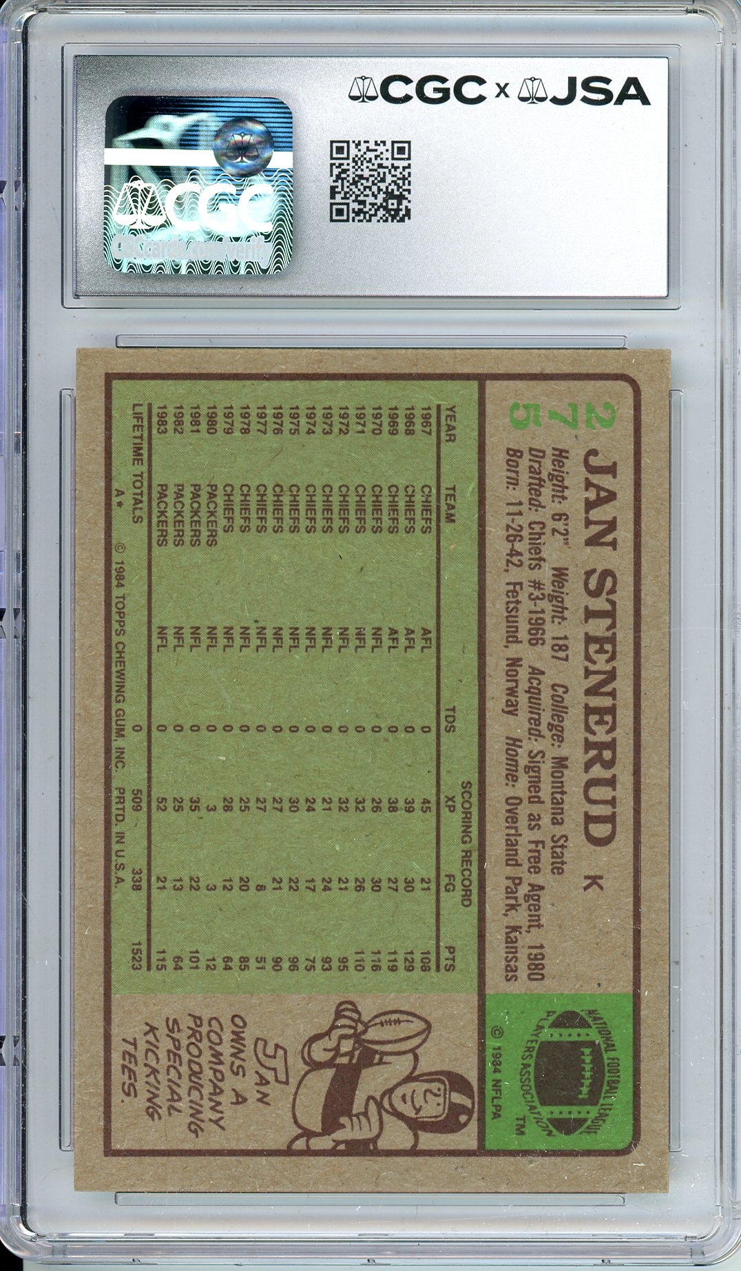 1984 TOPPS JAN STENERUD #275 HOF AUTOGRAPH CGC 7.5 AUTO GRADE 9