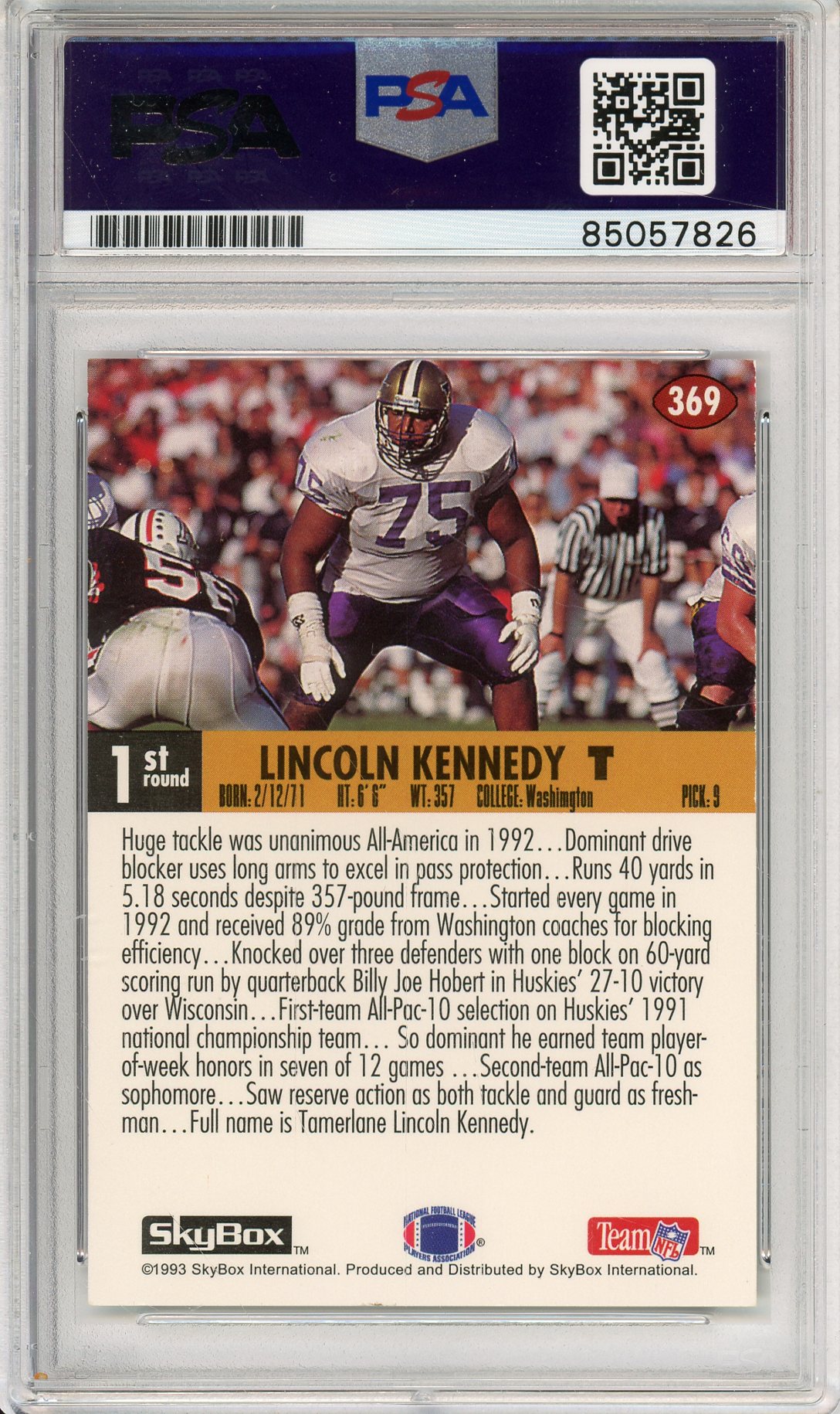 1993 SKYBOX FOOTBALL - LINCOLN KENNEDY #369 IMPACT ROOKIE AUTOGRAPH PSA/DNA AUTHENTIC AUTO