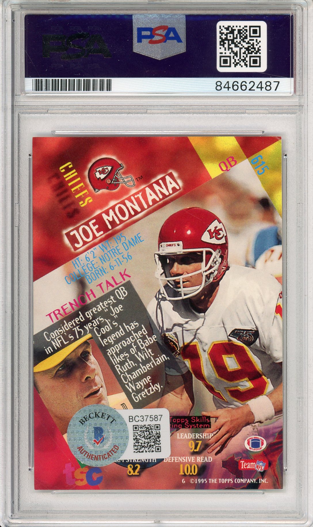 1995 TOPPS STADIUM CLUB FOOTBALL - JOE MONTANA #615 CHIEFS HOF AUTOGRAPH PSA/DNA AUTO GRADE GEM MT 10