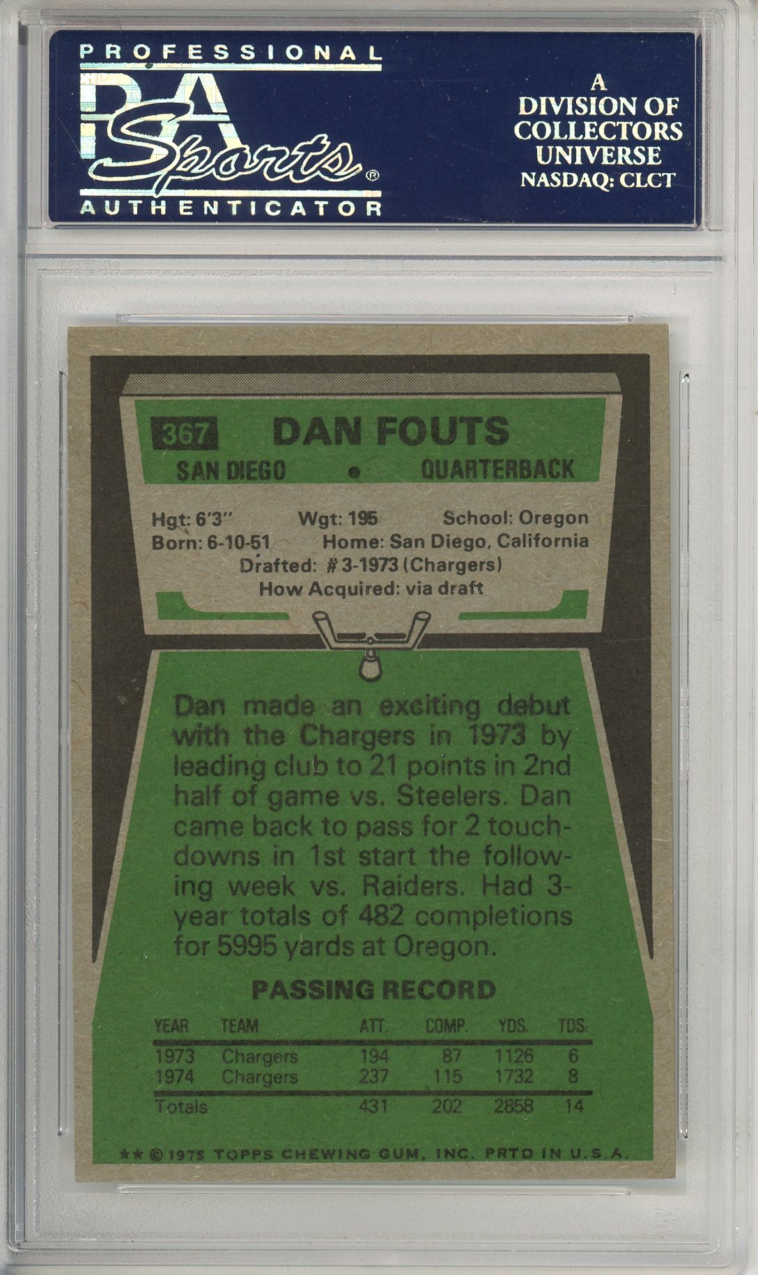 1975 TOPPS FOOTBALL - DAN FOUTS #367 CHARGERS ROOKIE CARD HALL OF FAME AUTOGRAPH PSA/DNA NM 7