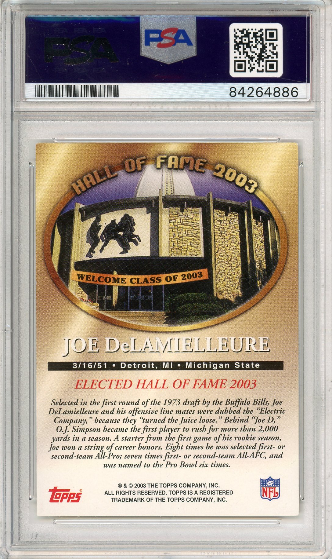 2003 TOPPS FOOTBALL - JOE DELAMIELLEURE HALL OF FAME AUTOGRAPH PSA/DNA AUTHENTIC AUTO