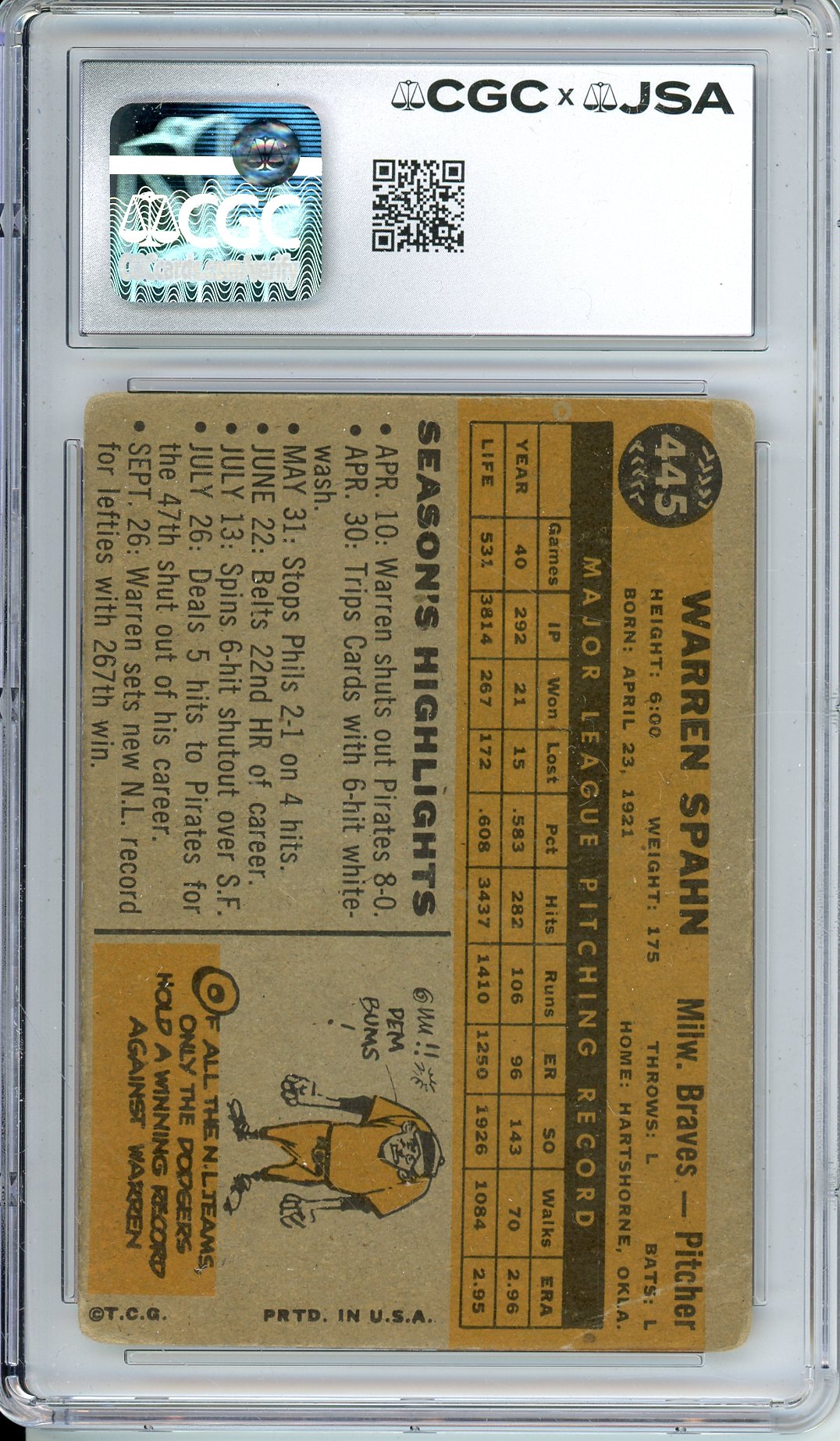 1960 TOPPS WARREN SPAHN #445 HOF AUTOGRAPH CGC 1.5 AUTO GRADE 10