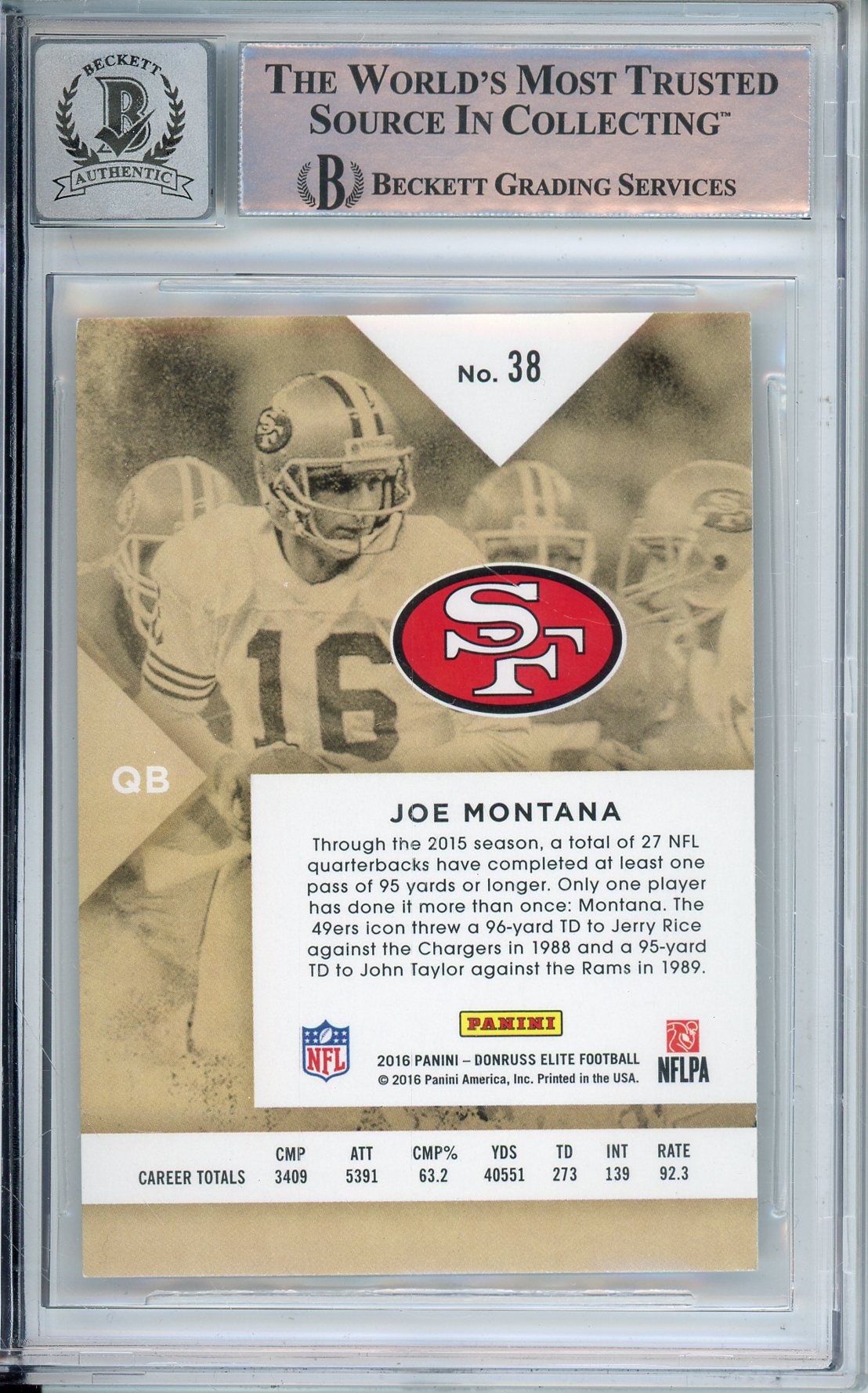 2016 PANINI DONRUSS ELITE FOOTBALL JOE MONTANA #38 49ERS HOF AUTO BECKETT 10 AUTOGRAPH