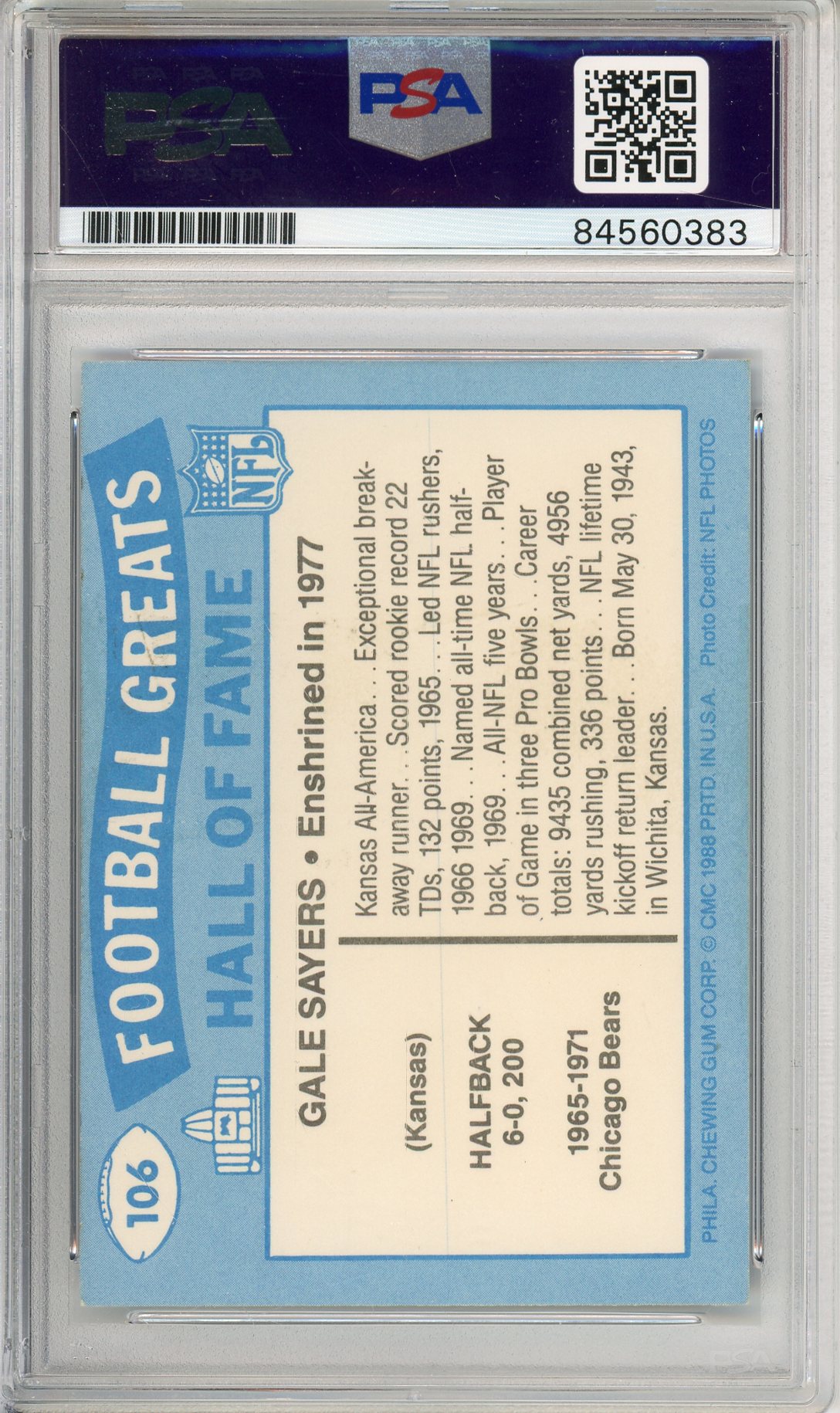 1989 SWELL FOOTBALL - GALE SAYERS #106 BEARS HOF AUTOGRAPH SA/DNA AUTO GRADE GEM MT 10
