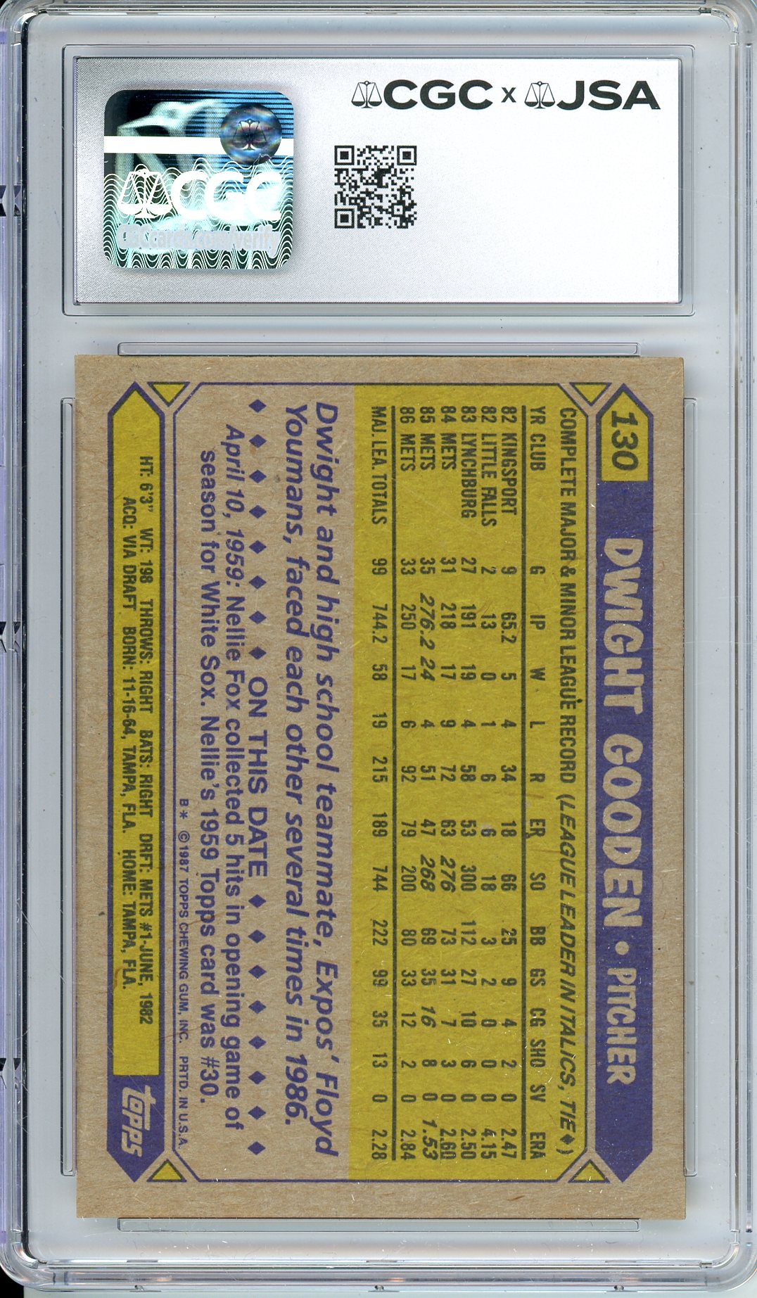 1987 TOPPS DWIGHT GOODEN #130 METS HOF AUTOGRAPH CGC 9