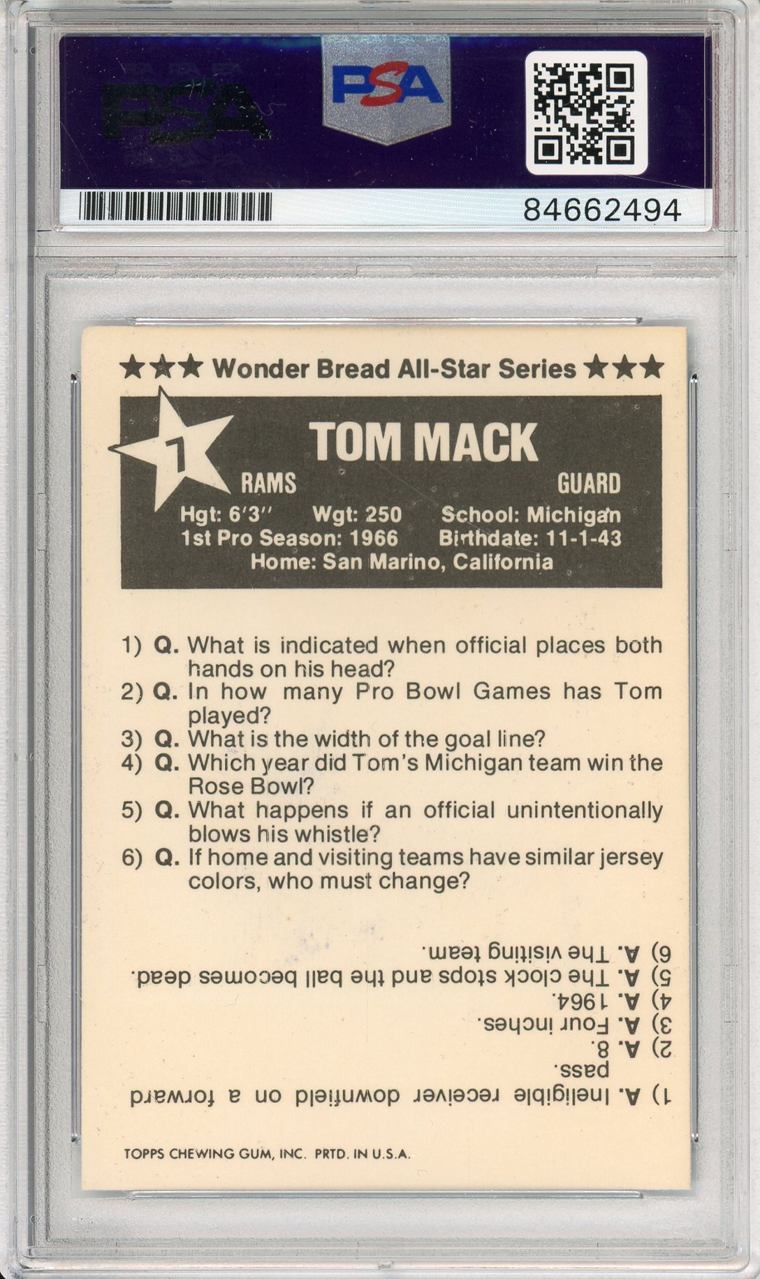1975 Wonder Bread #7 Tom Mack Los Angeles Rams NFL Football HOF AUTOGRAPH PSA/DNA AUTO GRADE GEM MT 10