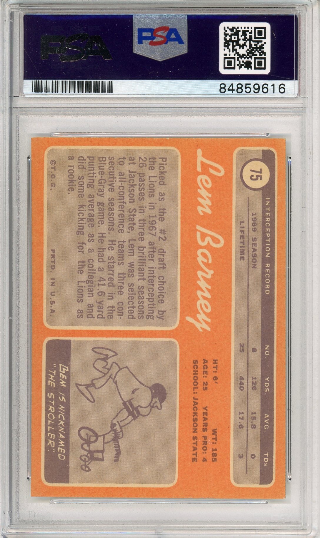 1970 TOPPS FOOTBALL - LEM BARNEY #75 ROOKIE CARD LIONS HOF AUTOGRAPH PSA/DNA AUTHENTIC AUTO