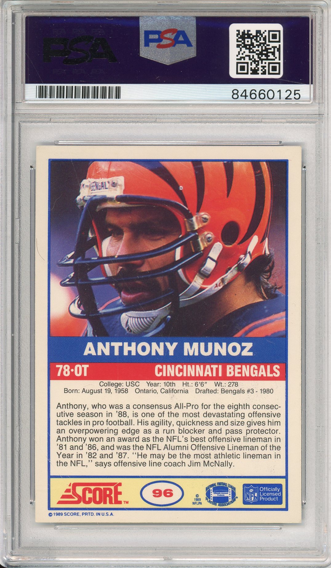1989 SCORE ANTHONY MUNOZ #96 HOF BENGALS 9-TIME ALL PRO AUTOGRAPH PSA/DNA