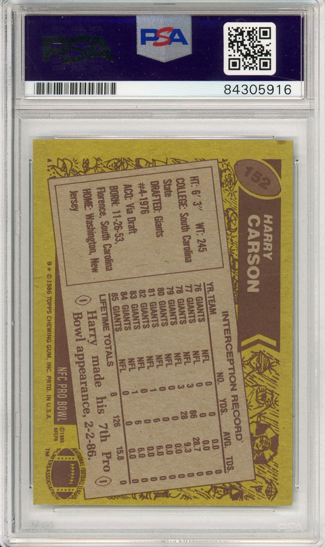 1986 TOPPS FOOTBALL - HARRY CARSON #152 GIANTS HOF AUTOGRAPH PSA/DNA AUTHENTIC AUTO