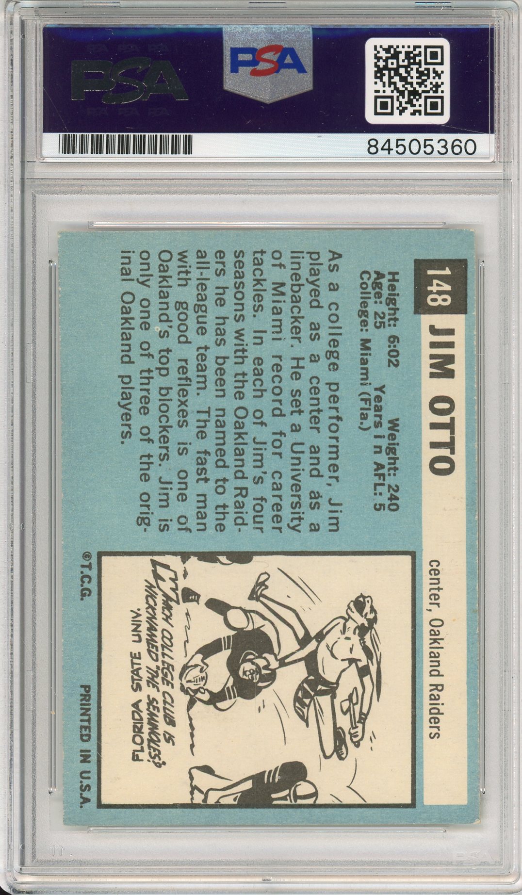 1964 TOPPS JIM OTTO #148 HOF RAIDERS "00" 9-TIME AFL ALL PRO AUTOGRAPH PSA/DNA