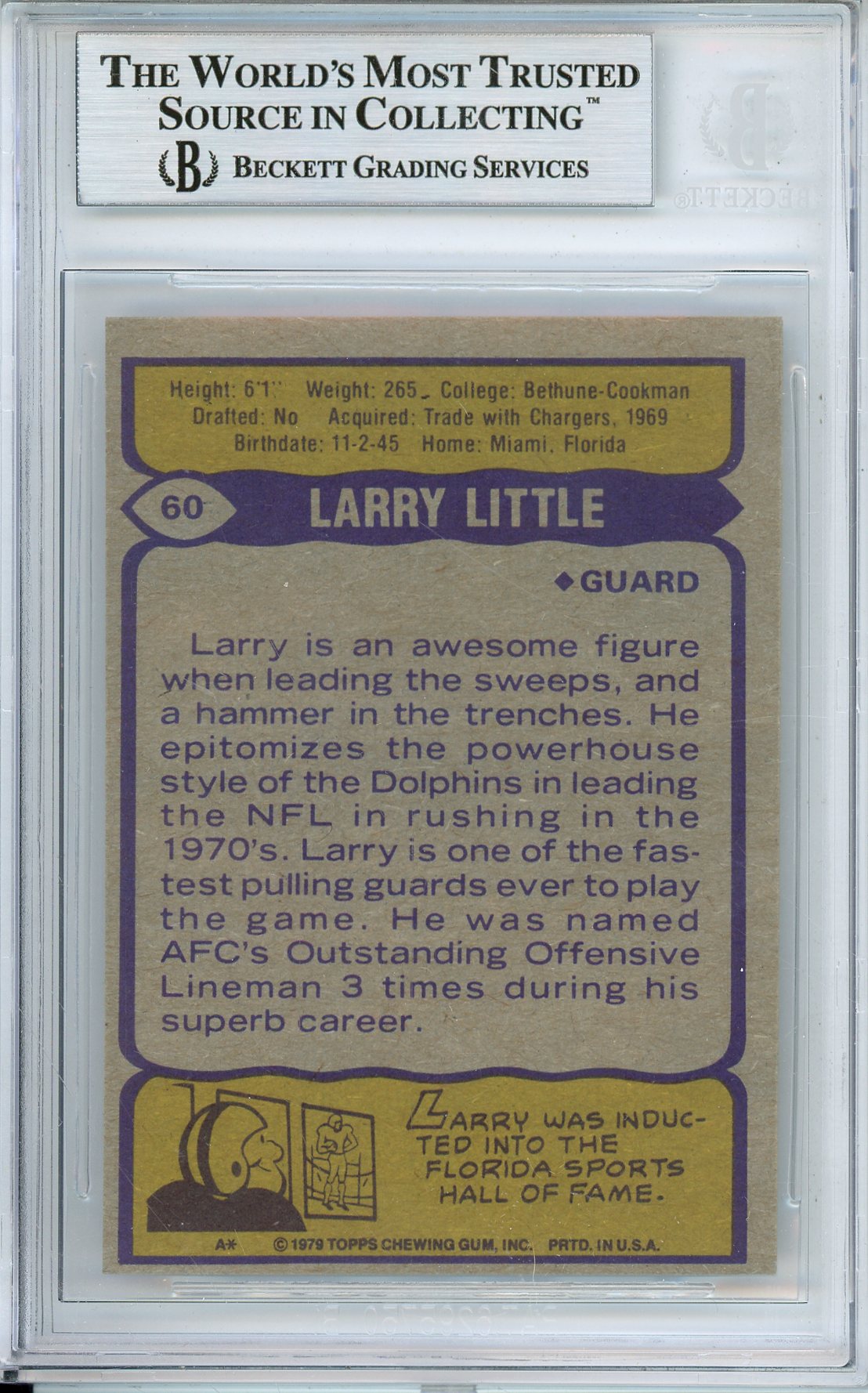 1979 TOPPS LARRY LITTLE #60 DOLPHINS HALL OF FAME AUTOGRAPH BGS AUTHENTIC
