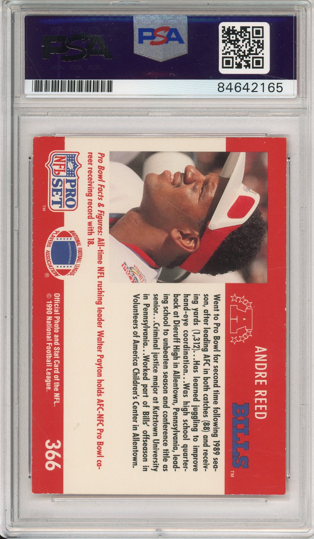 1990 PRO SET ANDRE REED #366 HOF BILLS 7-TIME PRO BOWLER AUTOGRAPH PSA/DNA