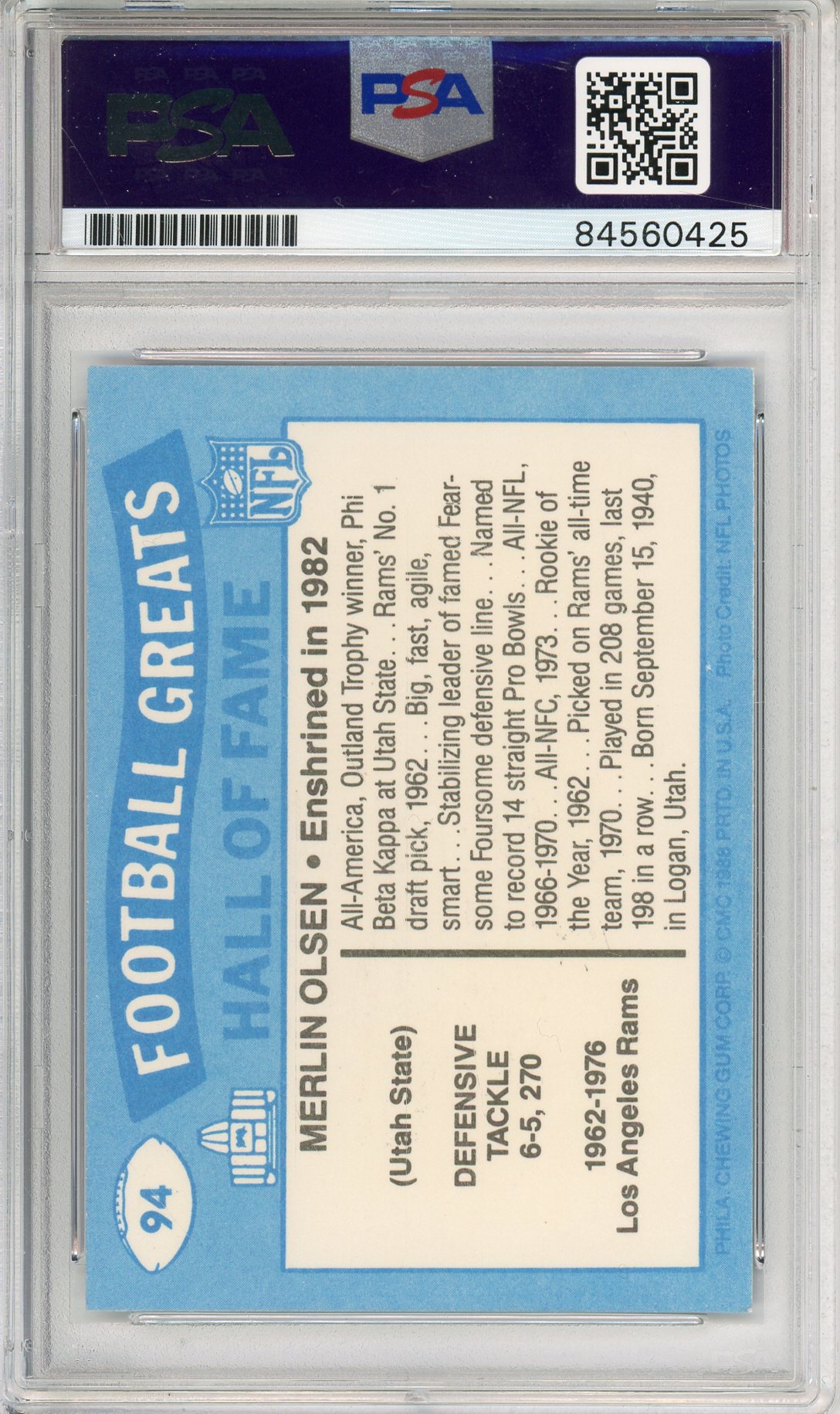 1988 SWELL FOOTBALL - MERLIN OLSEN #94 RAMS HOF AUTOGRAPH PSA/DNA AUTHENTIC AUTO AUTO GRADE NM-MT 8