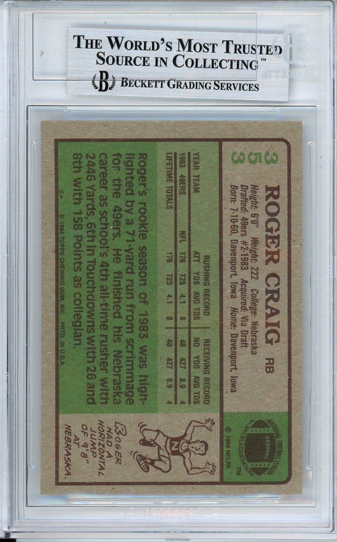 1984 TOPPS ROGER CRAIG #353 ROOKIE CARD 49ERS HALL OF FAME AUTOGRAPH BGS AUTHENTIC