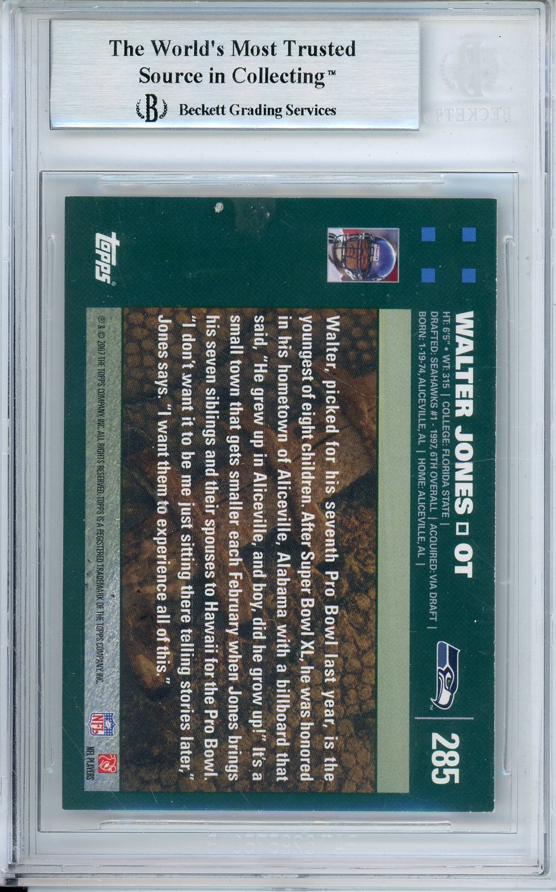 2007 TOPPS WALTER JONES #285 SEAHWKS HOF AUTOGRAPH WITH INSCRIPTION BGS AUTHENTIC