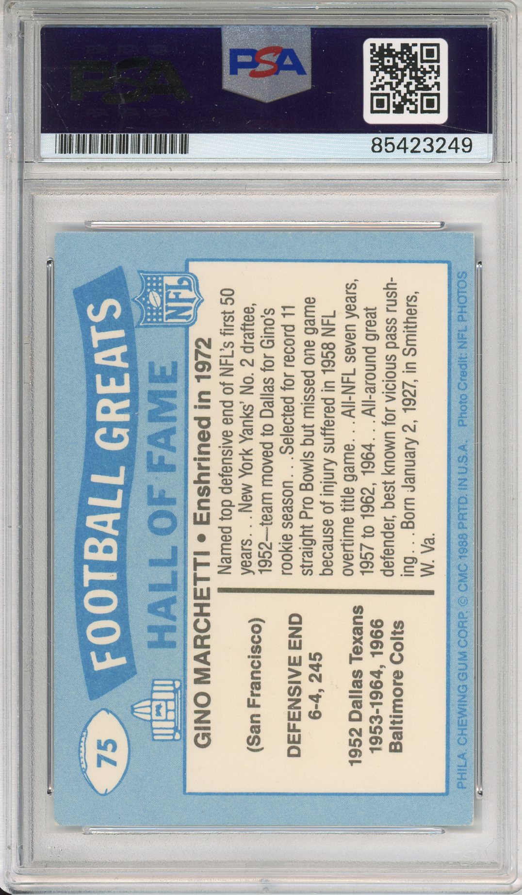 1988 SWELL GINO MARCHETTI #75 HOF COLTS 10-TIME ALL PRO AUTOGRAPH PSA/DNA