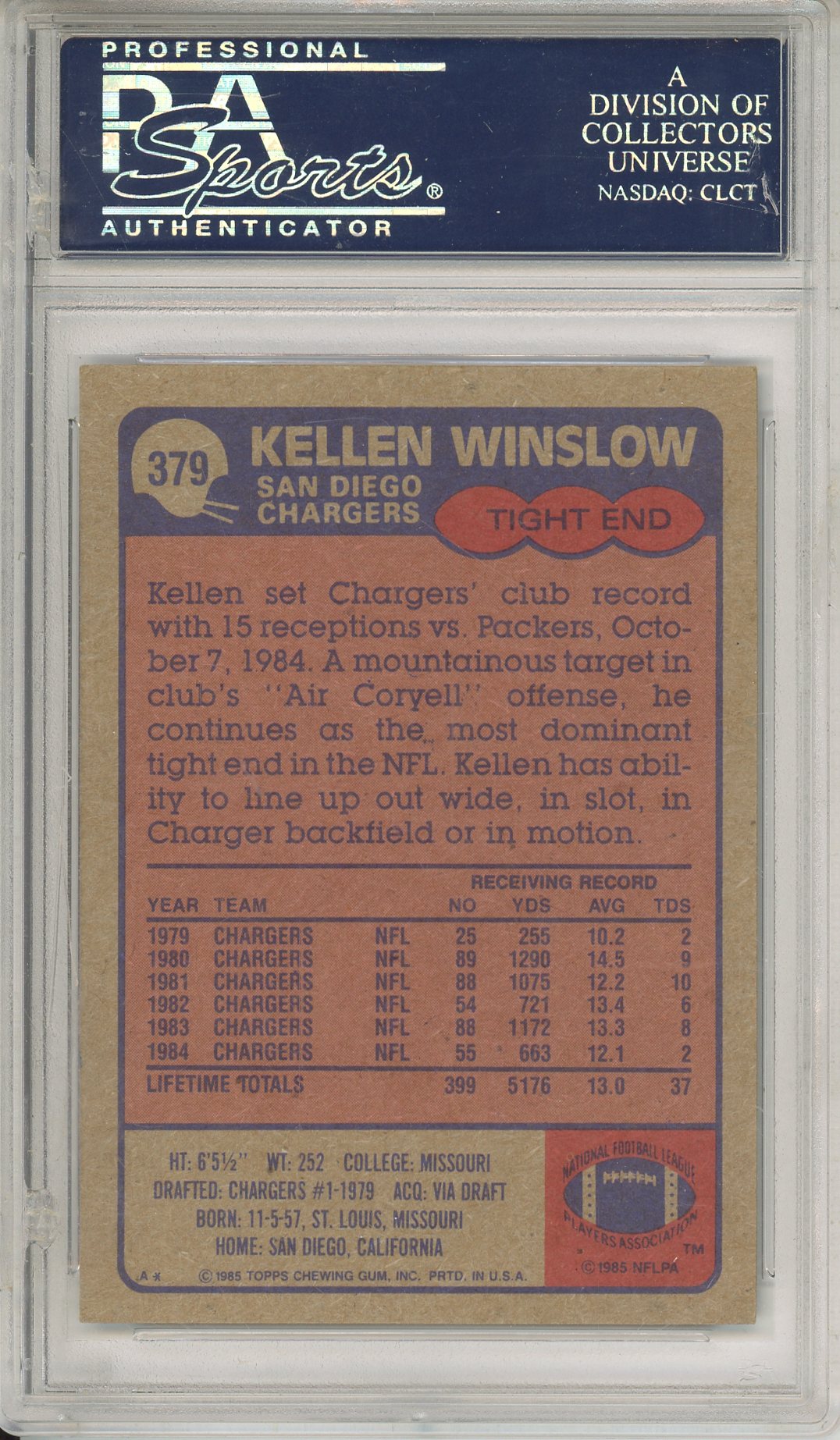 1985 TOPPS KELLEN WINSLOW #379 HOF CHARGERS 4-TIME ALL PRO AUTOGRAPH PSA/DNA