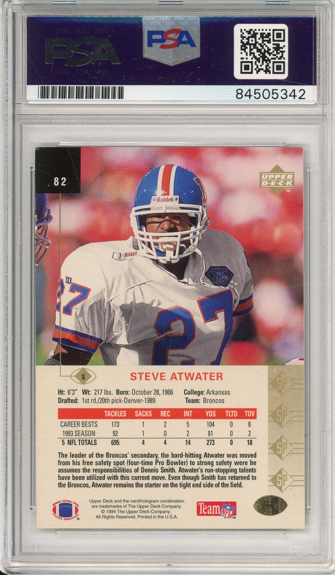 1994 UPPER DECK STEVE ATWATER #82 HOF BRONCOS 2-TIME CHAMP AUTOGRAPH PSA/DNA
