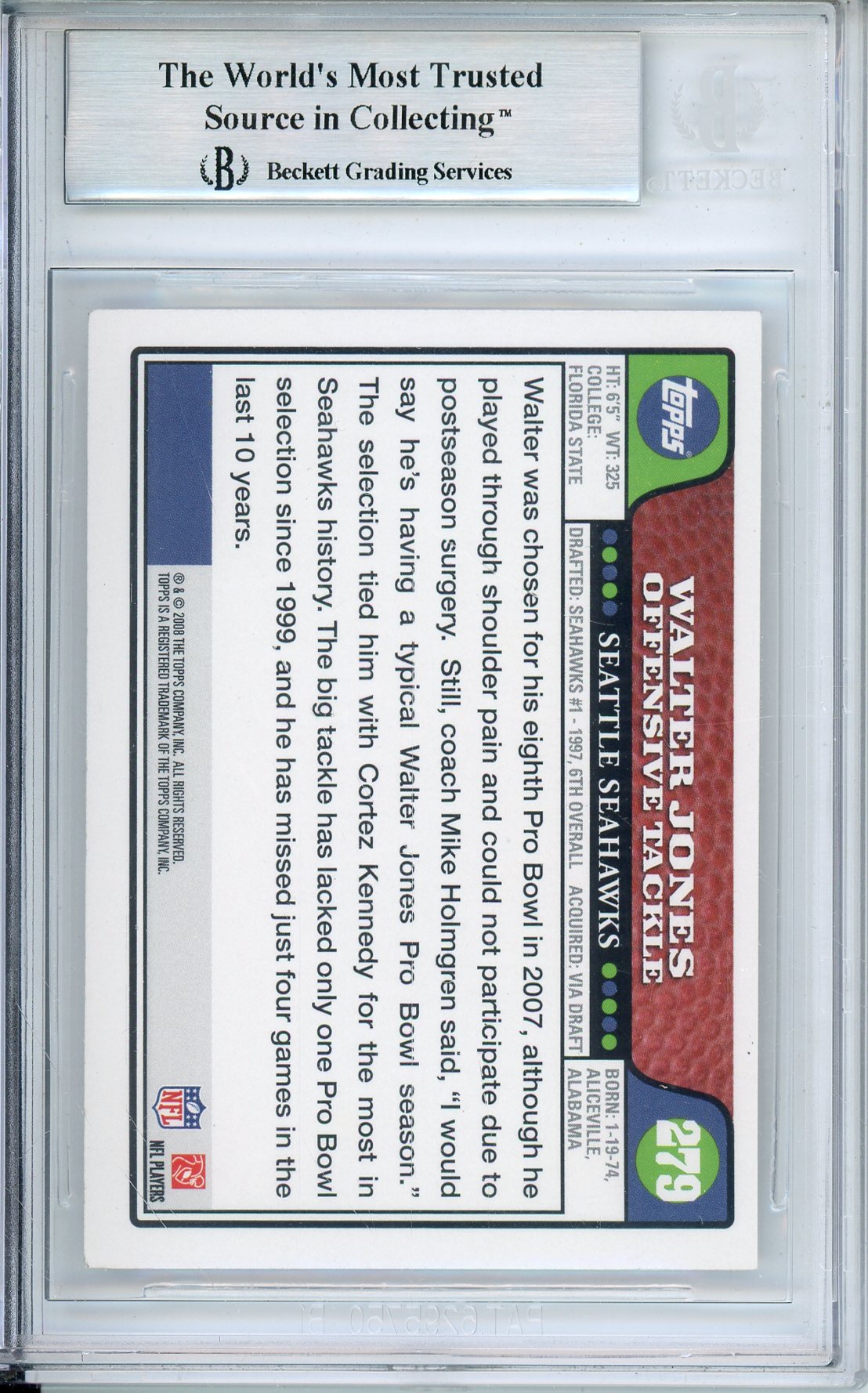 2008 TOPPS FOOTBALL WALTER JONES #279 HOF AUTO W/ INSCRIPTION BGS AUTHENTIC (2380)