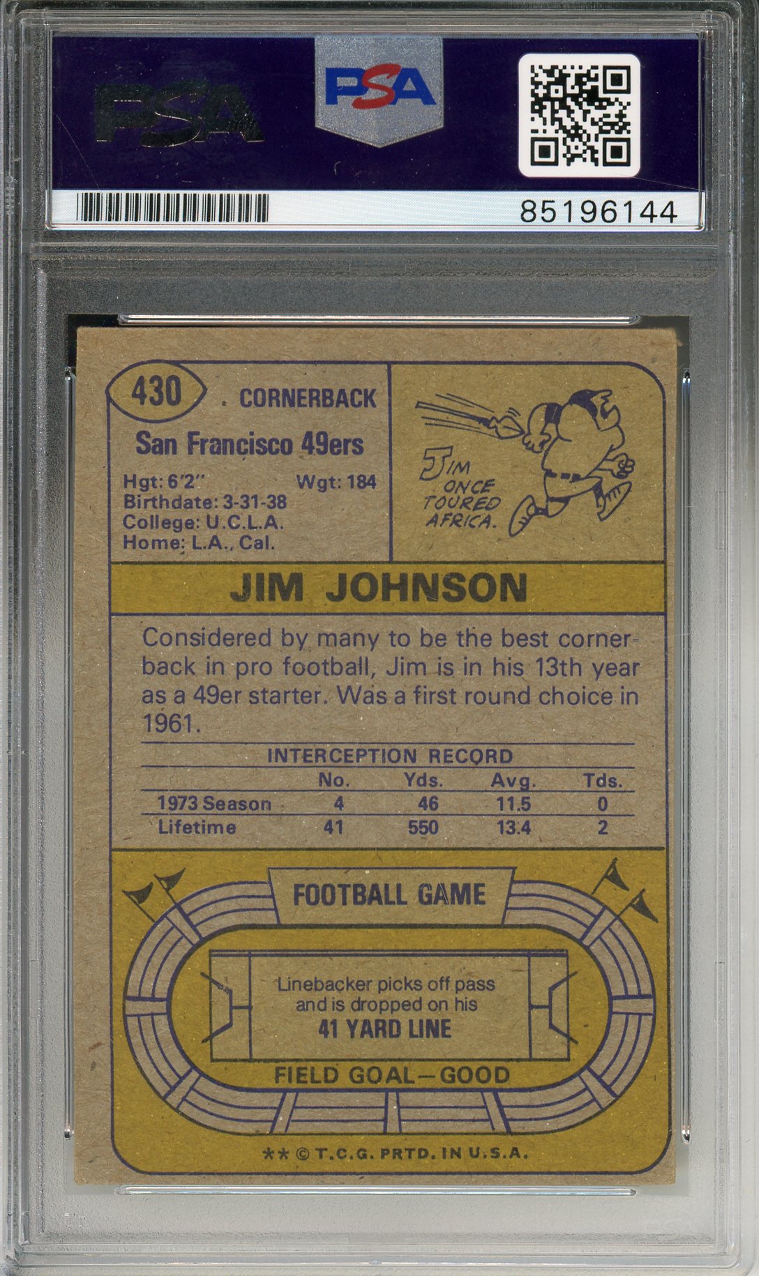 1974 TOPPS FOOTBALL JIM JOHNSON #430 49ERS AUTO PSA/DNA AUTO GRADE MINT 9