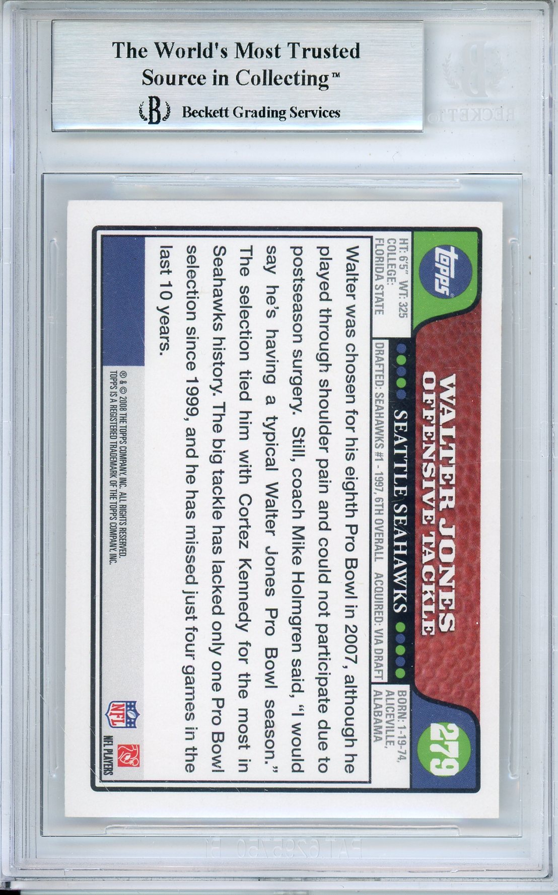 2008 TOPPS FOOTBALL WALTER JONES #279 HOF AUTO W/ INSCRIPTION BGS AUTHENTIC AUTO (381)