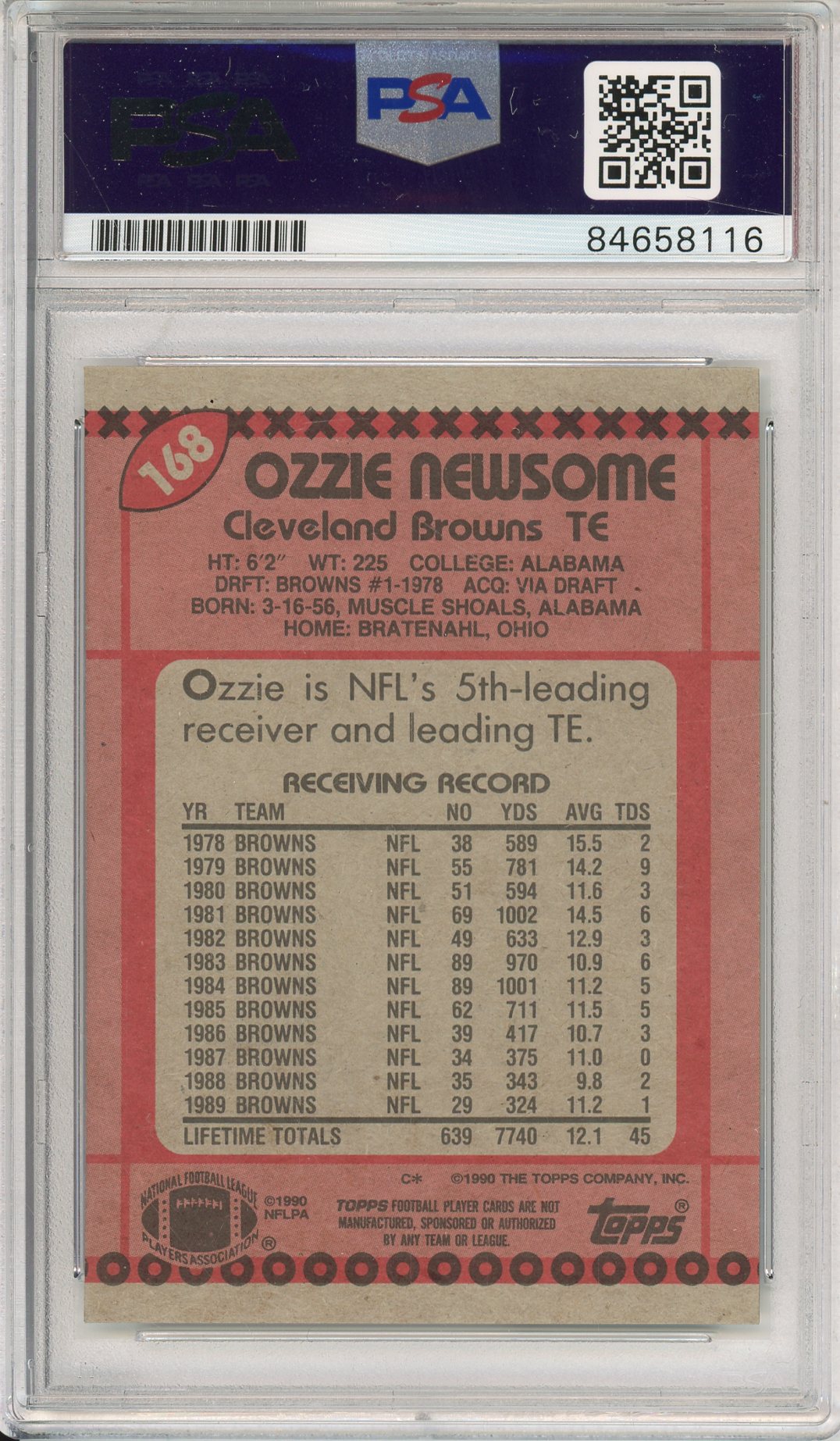 1990 TOPPS OZZIE NEWSOME #168 HOF BROWNS 7-TIME ALL PRO AUTOGRAPH PSA/DNA