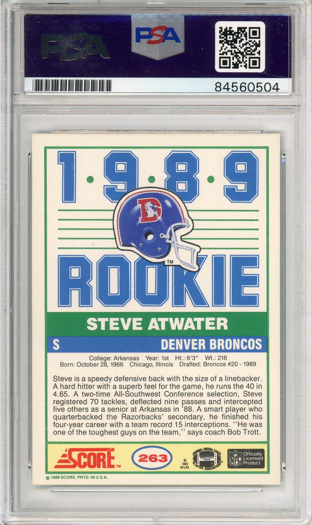 1989 SCORE FOOTBALL STEVE ATWATER #263 ROOKIE AUTOGRAPH BRONCOS HOF PSA/DNA AUTHENTIC AUTO