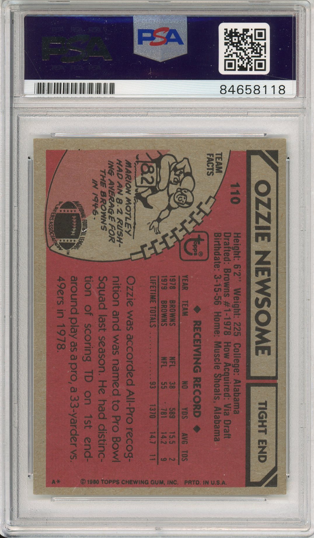 1980 TOPPS OZZIE NEWSOME #110 HOF BROWNS 7-TIME ALL PRO AUTOGRAPH PSA/DNA