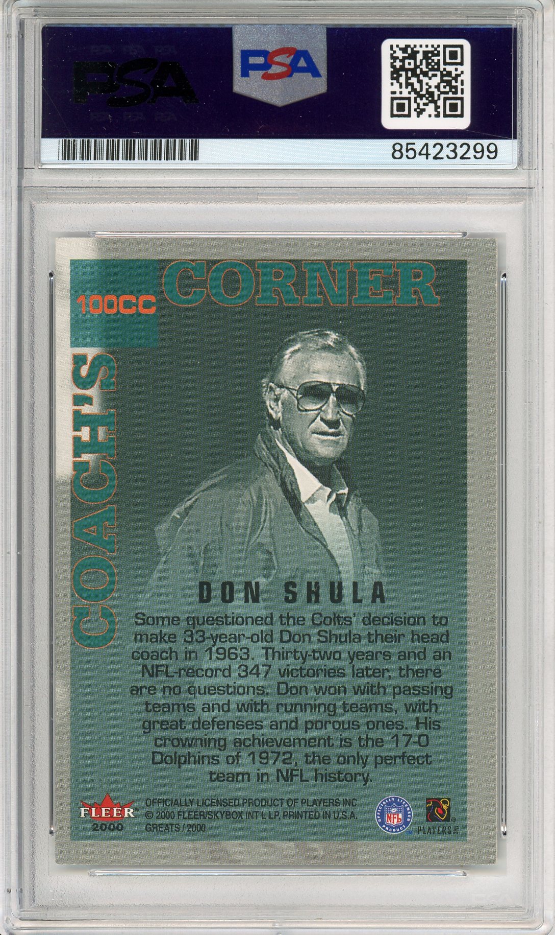 2000 FLEER SKYBOX FOOTBALL DON SHULA #100CC AUTOGRAPH DOLPHINS HOF PSA/DNA AUTHENTIC