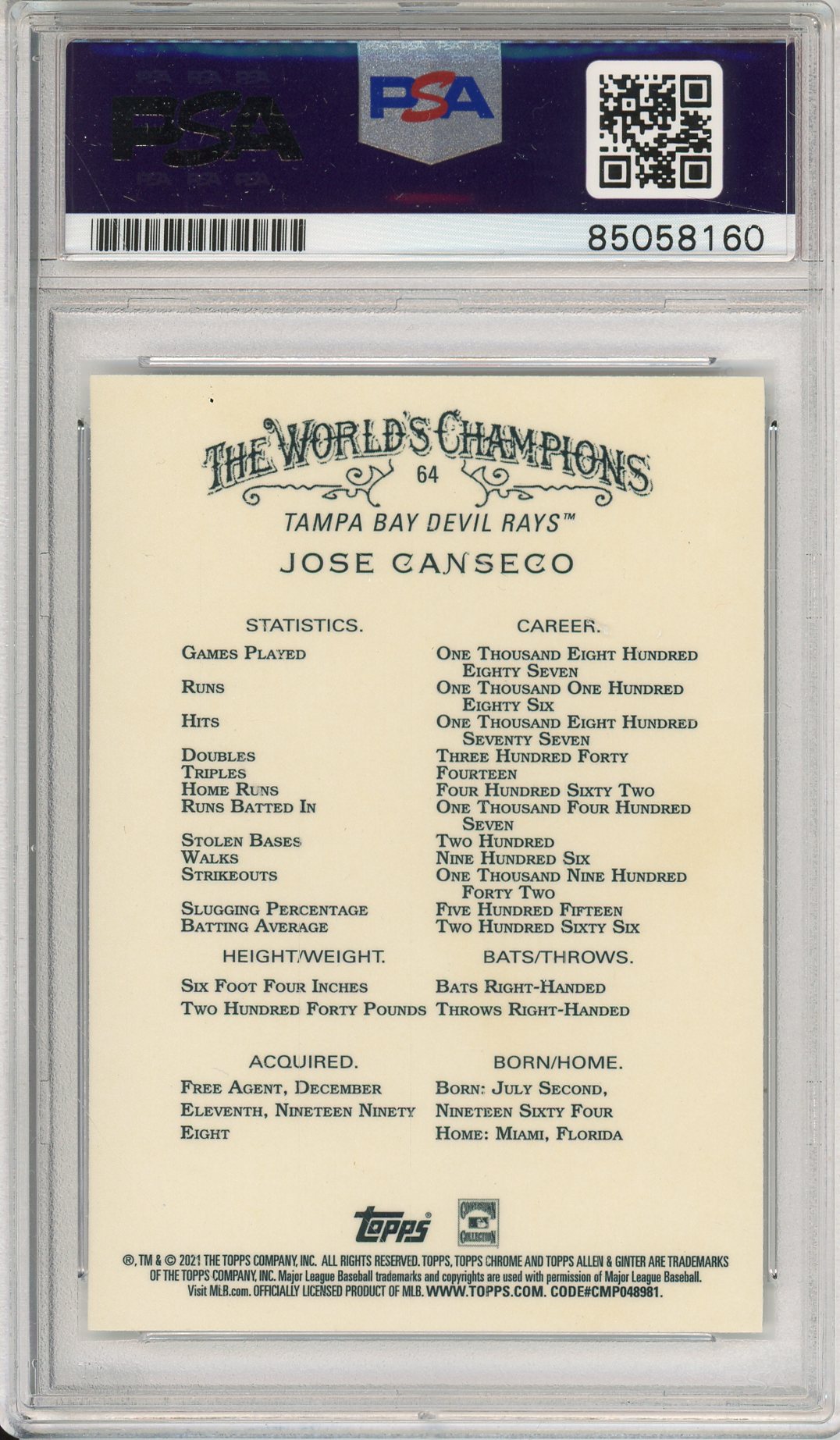 2021 TOPPS ALLEN & GINTER JOSE CANSECO #64 DEVIL RAYS 2-TIME CHAMP AUTOGRAPH PSA/DNA