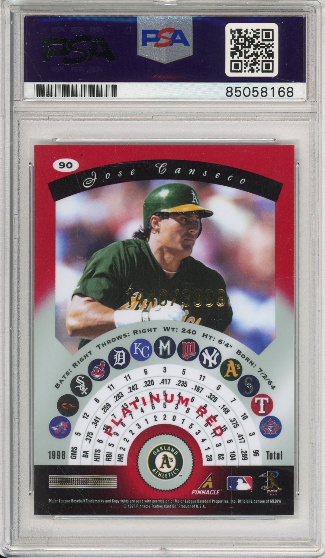 1997 PINNACLE TOTALLY CERTIFIED JOSE CANSECO #90 A'S HOF 2-TIME CHAMP AUTOGRAPH PSA/DNA