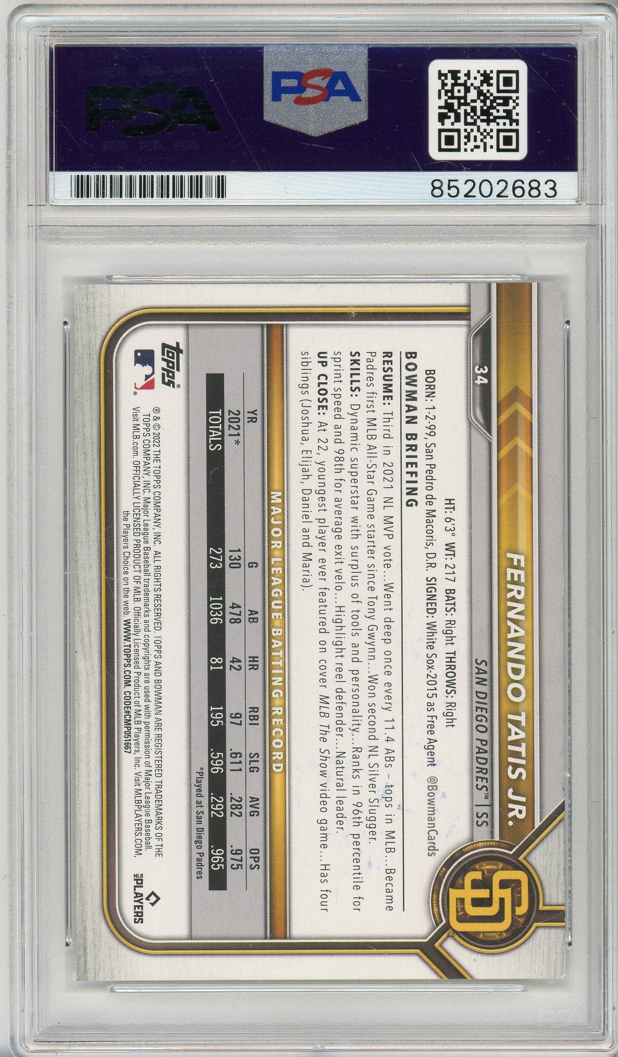2022 BOWMAN FERNANDO TATIS JR #34 AUTOGRAPH PSA/DNA PADRES