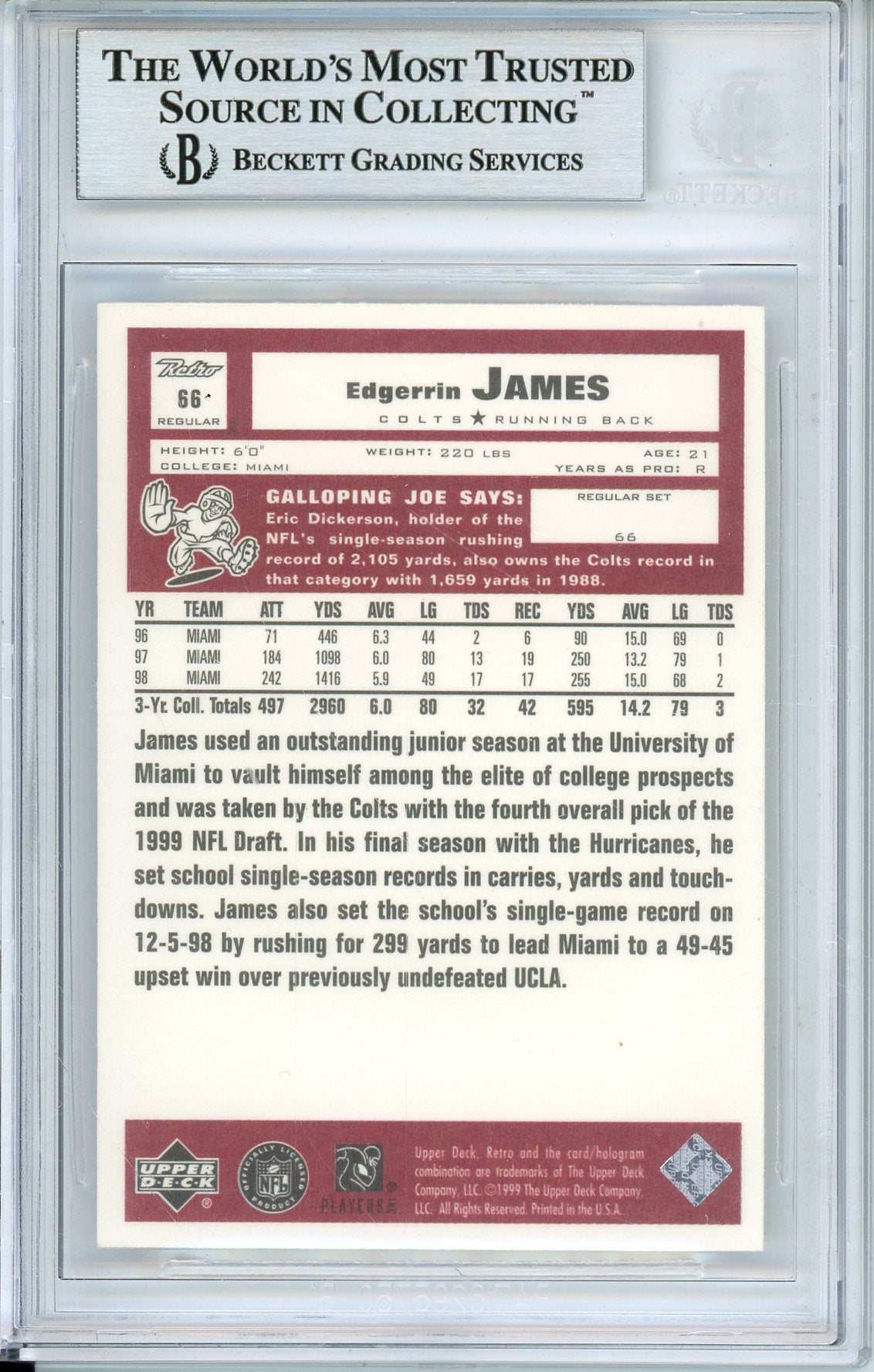 1999 UPPER DECK EDGERRIN JAMES #66 HOF COLTS 3-TIME ALL PRO AUTOGRAPH BECKETT