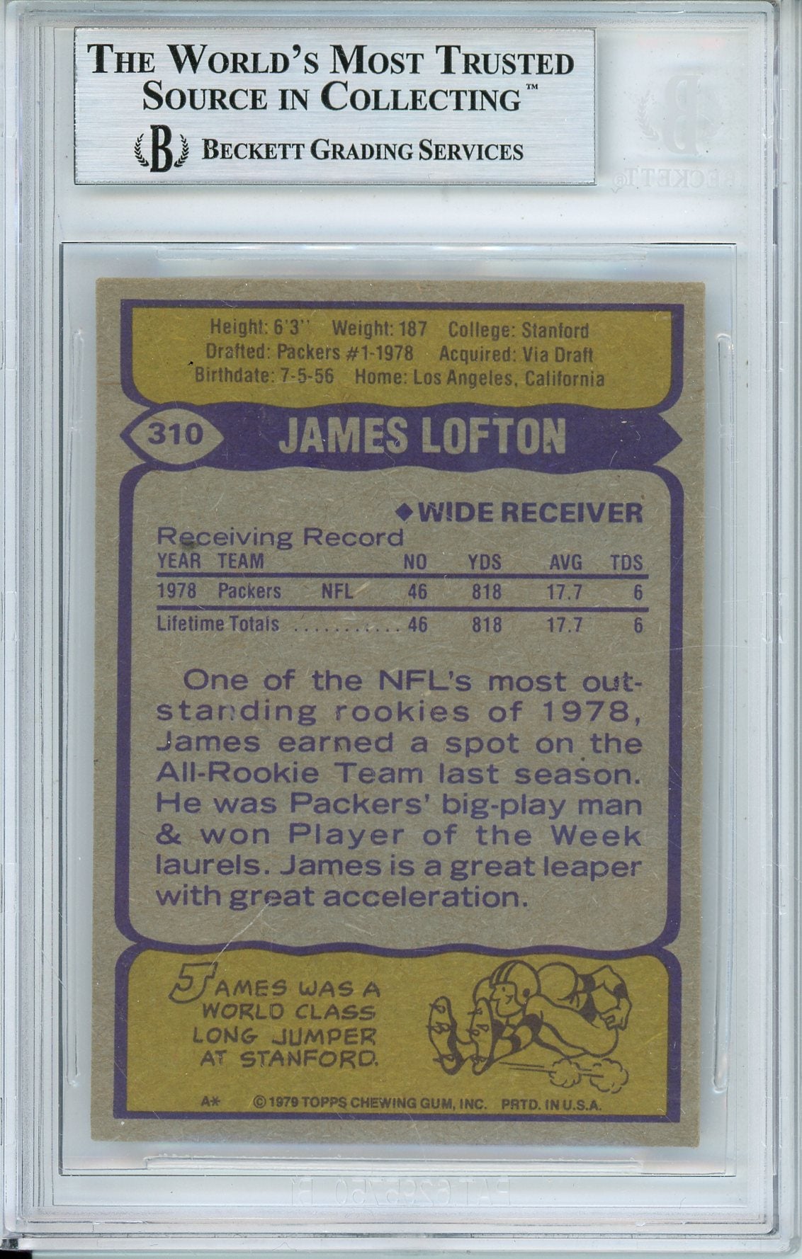 1979 TOPPS JAMES LOFTON #310 ROOKIE HOF PACKERS 8-TIME PRO BOWLER AUTOGRAPH BECKETT