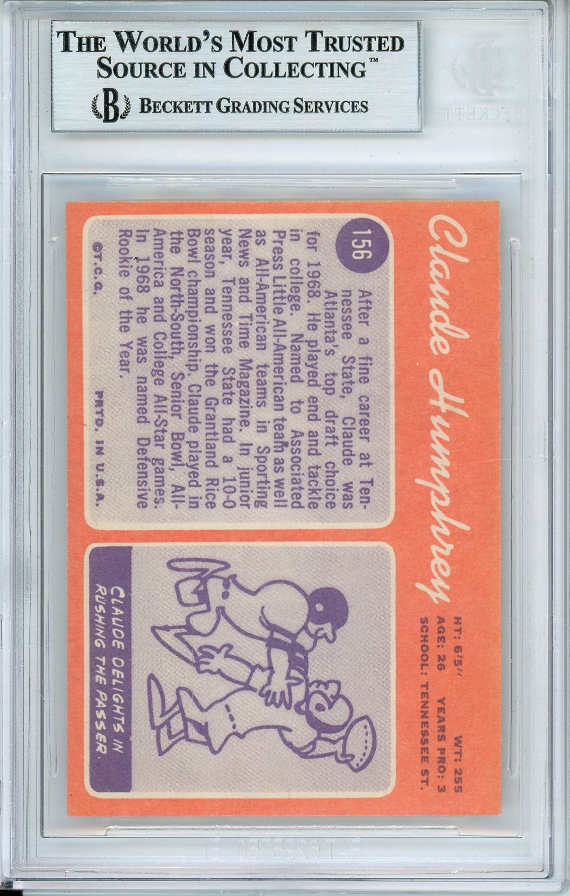 1970 TOPPS CLAUDE HUMPHREY #156 ROOKIE HOF FALCONS 8-TIME ALL PRO AUTOGRAPH BECKETT