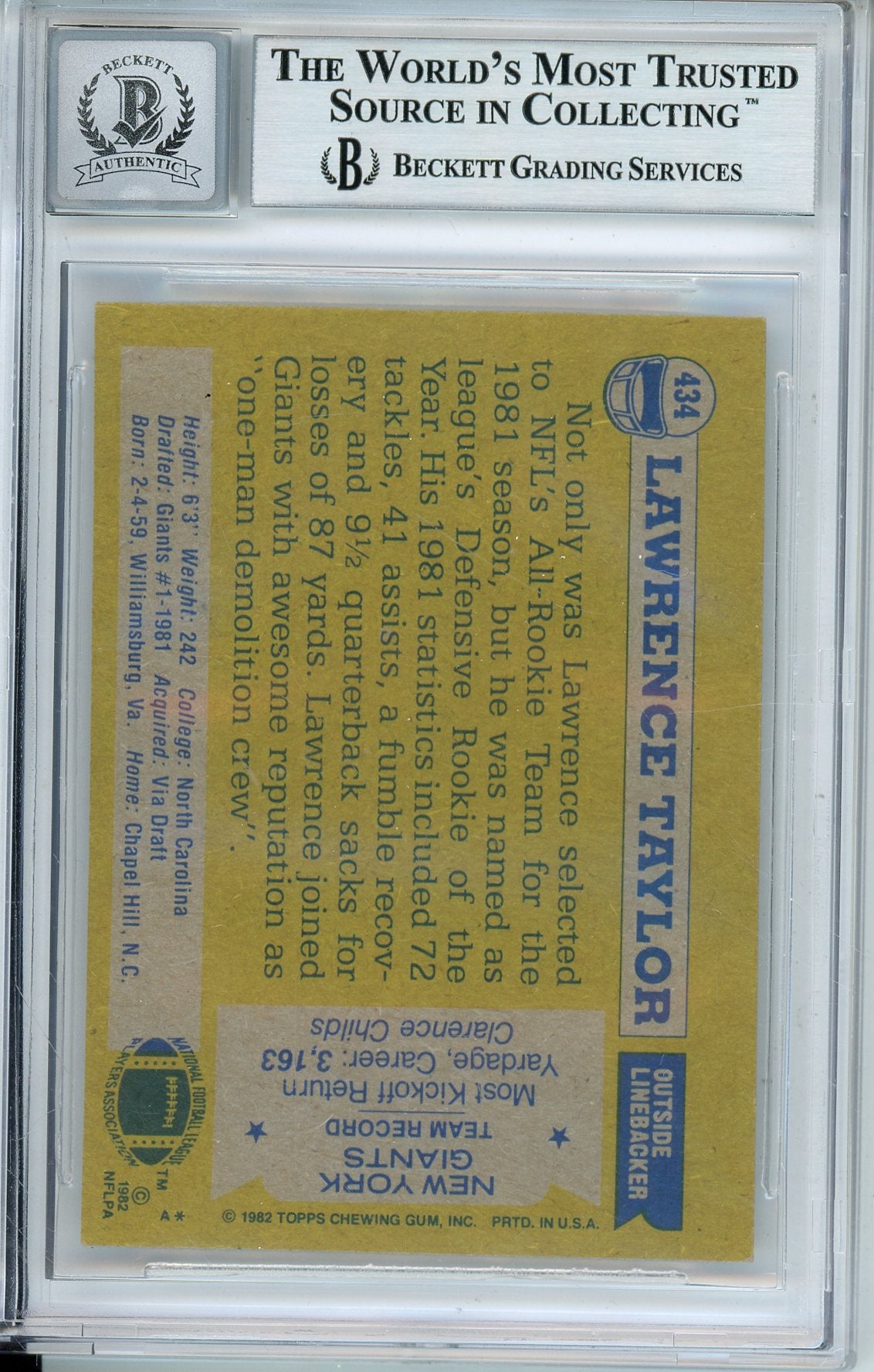 1982 TOPPS LAWRENCE TAYLOR #434 ROOKIE HOF GIANTS MVP AUTOGRAPH BECKETT
