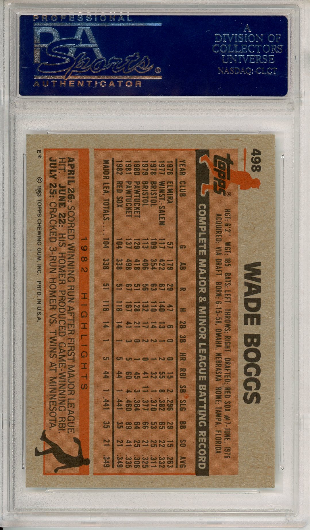 1983 TOPPS BASEBALL WAGE BOGGS #498 ROOKIE CARD AUTOGRAPH PSA/DNA MINT 9