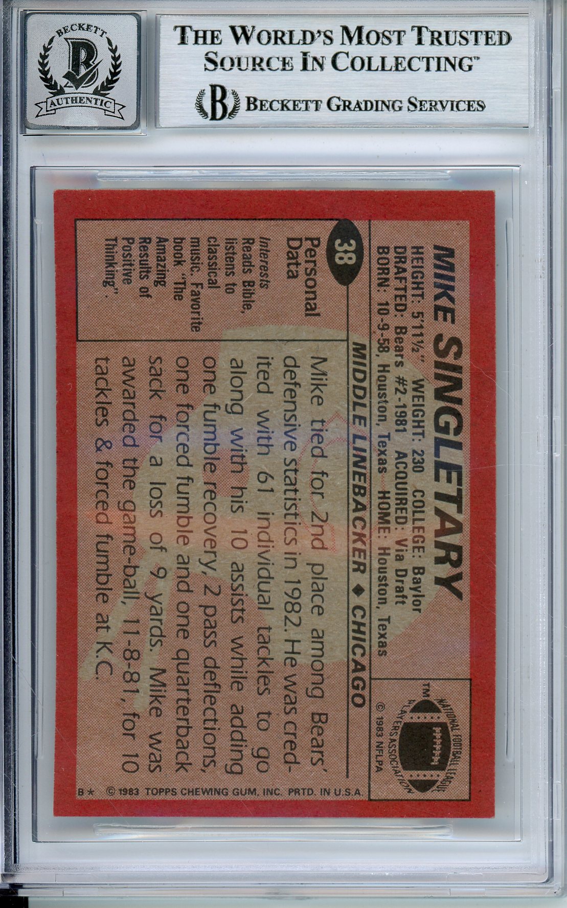 1983 TOPPS MIKE SINGLETARY #38 ROOKIE HOF AUTOGRAPH BECKETT AUTO GRADE 10