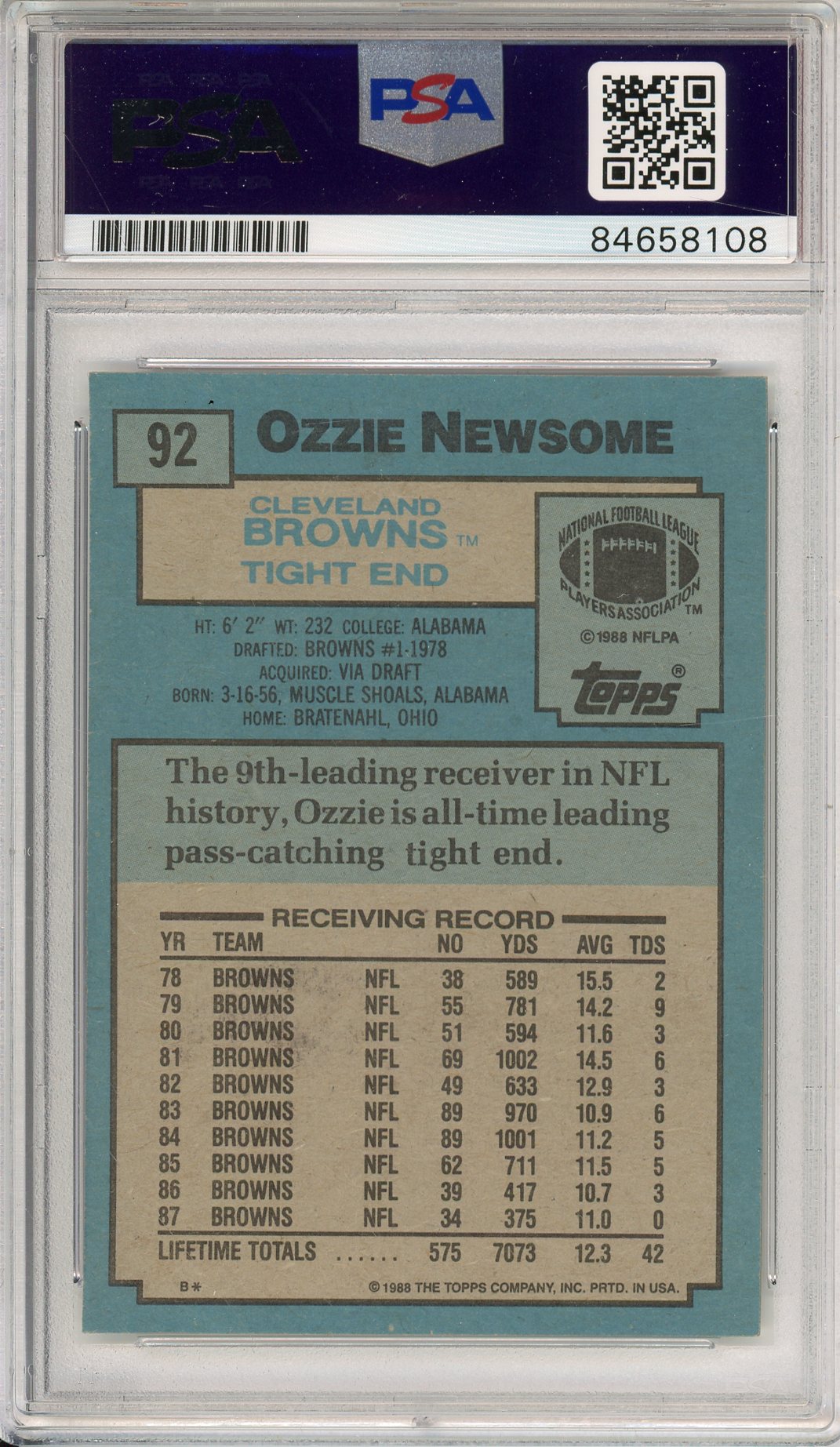 1988 TOPPS OZZIE NEWSOME #92 HOF BROWNS 7-TIME ALL PRO AUTOGRAPH PSA/DNA
