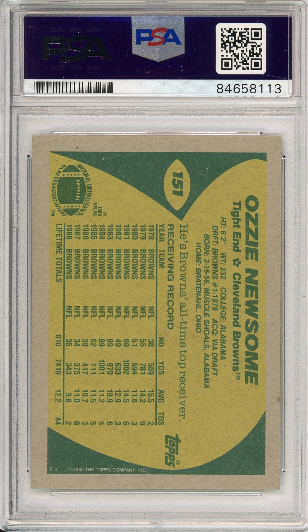 1989 TOPPS OZZIE NEWSOME #151 HOF BROWNS 7-TIME ALL PRO AUTOGRAPH PSA/DNA