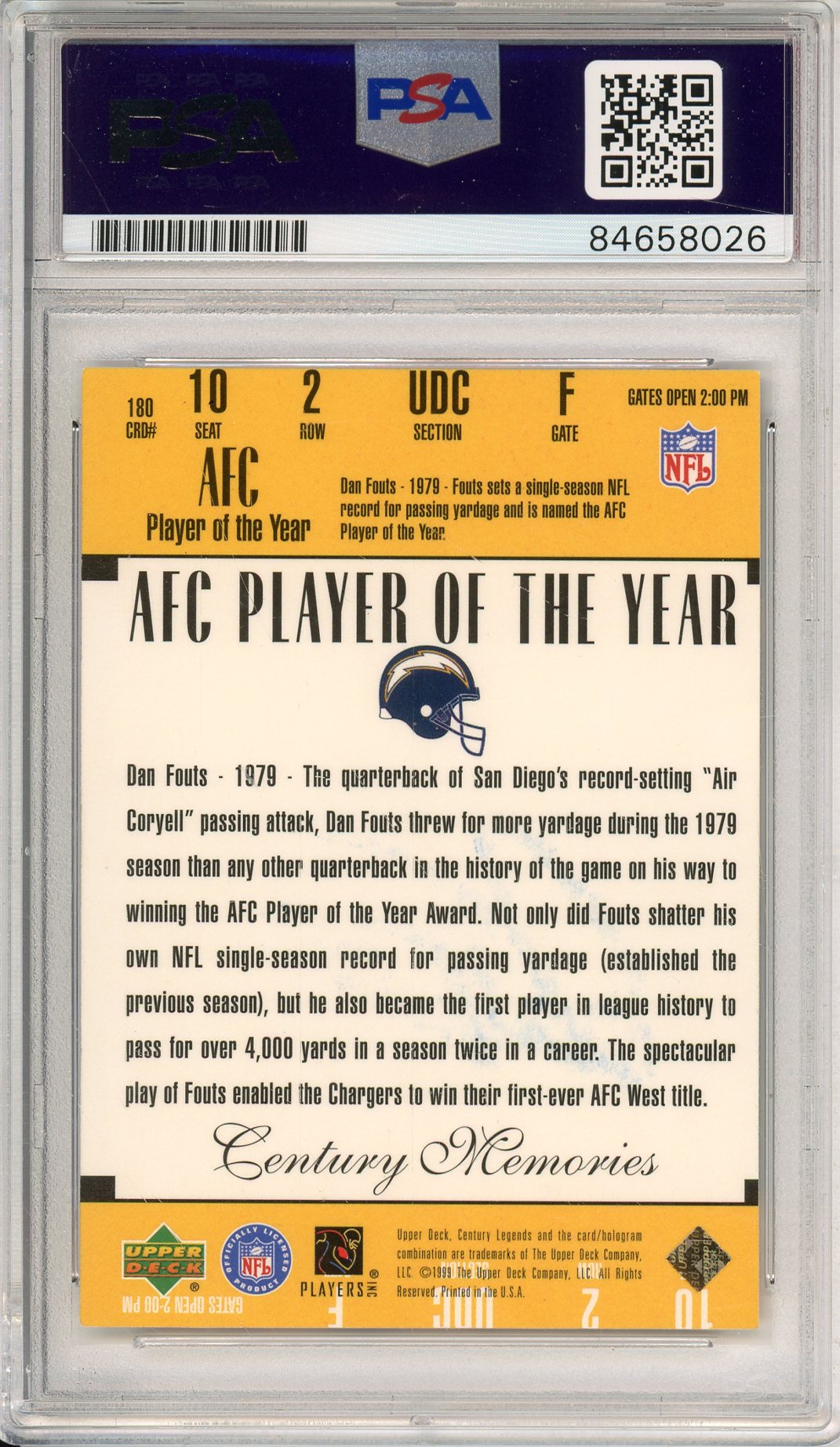 1999 UPPER DECK DAN FOUTS #180 HOF CHARGERS 6-TIME PRO BOWLER AUTOGRAPH PSA/DNA