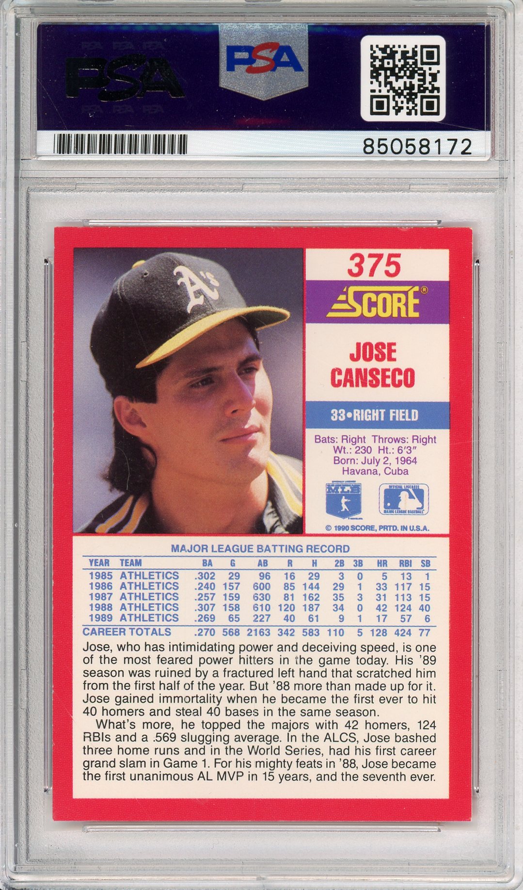 1990 SCORE JOSE CANSECO #375 A'S HOF AUTOGRAPH PSA/DNA