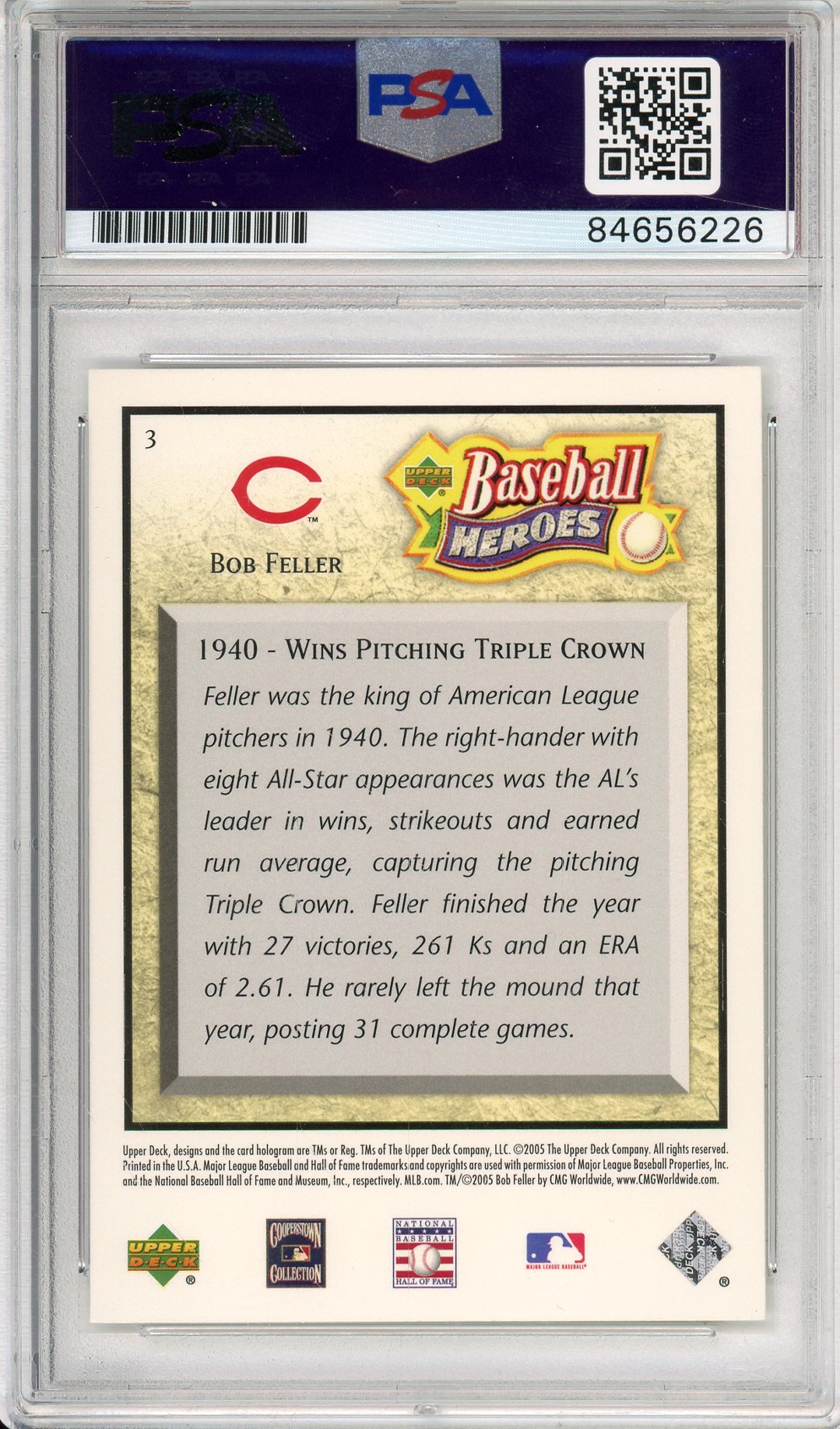 2005 UPPER DECK BASEBALL HEROES BOB FELLER #3 HOF AUTOGRAPH PSA/DNA