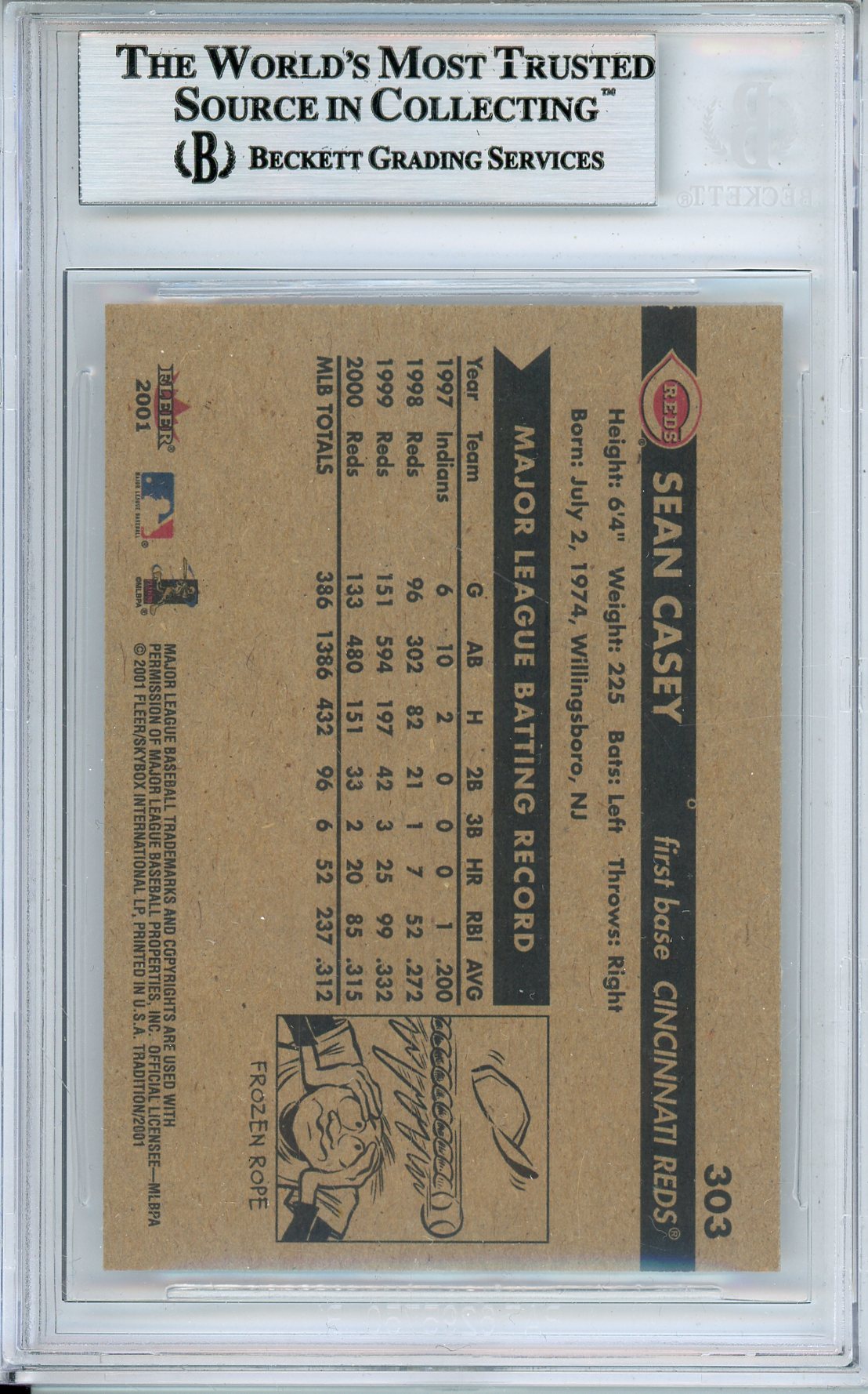 2001 FLEER TRADITION SEAN CASEY #303 RED ALL-STAR AUTOGRAPH BECKETT AUTHENTIC