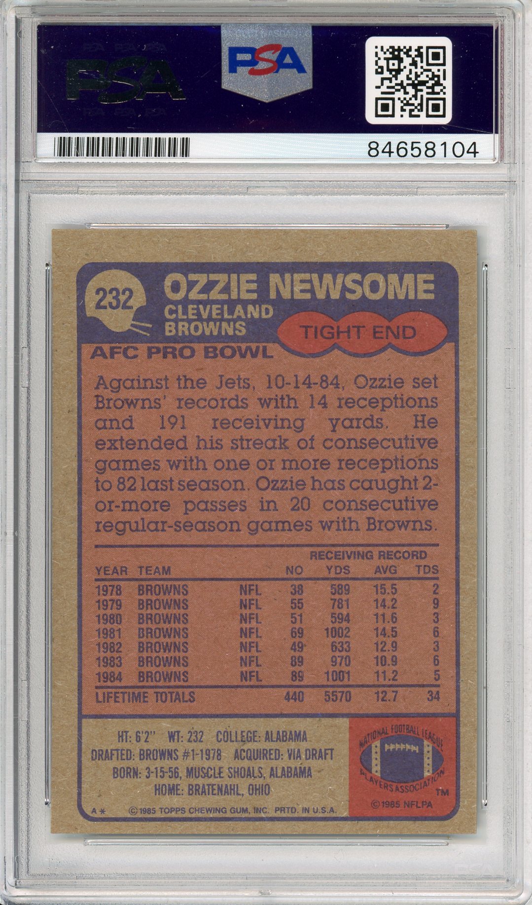 1985 TOPPS OZZIE NEWSOME #232 HOF AUTOGRAPH BROWNS PSA/DNA