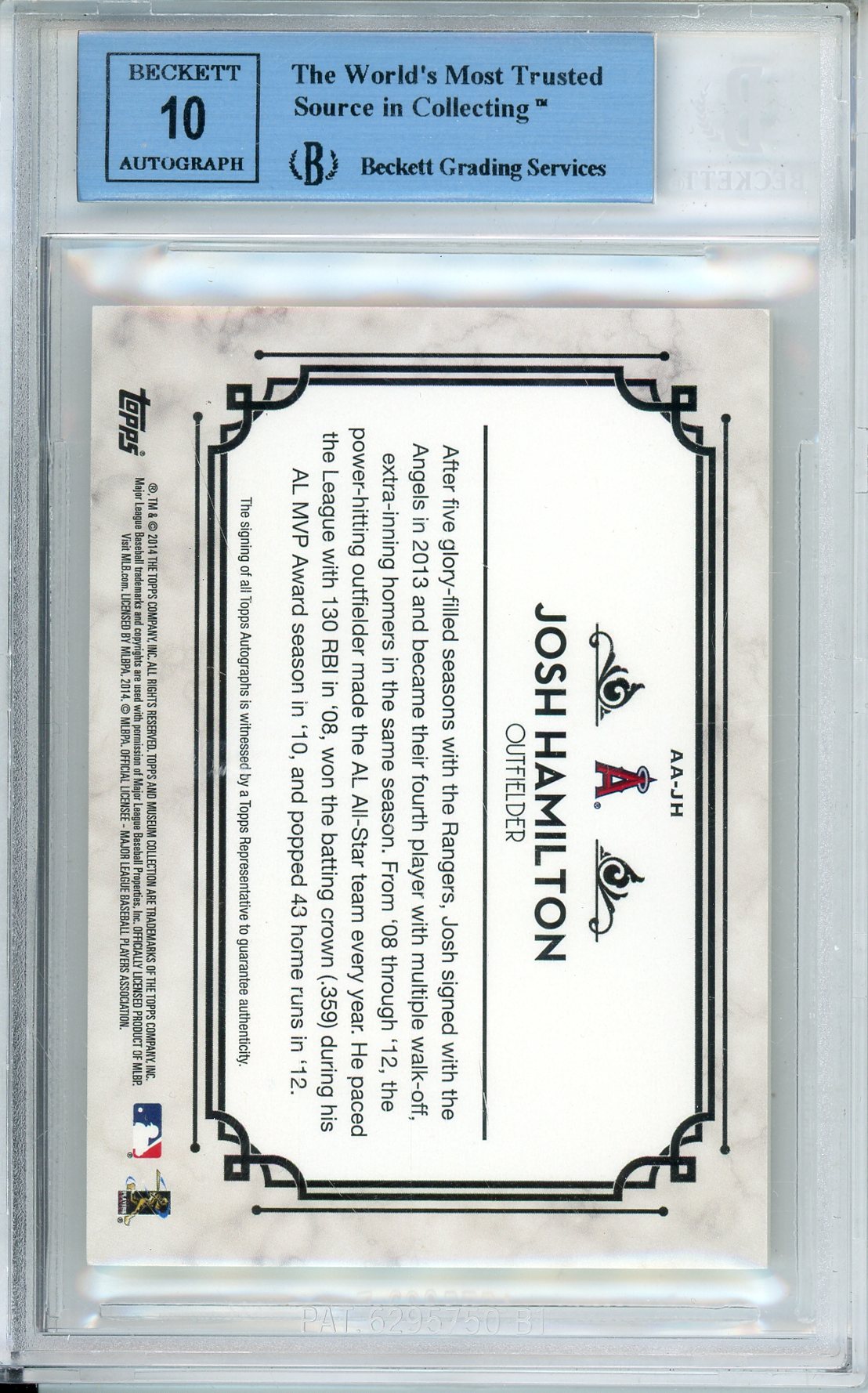 2014 TOPPS MUSEUM COLLECTION JOSH HAMILTON #AAJH AUTOGRAPH /199 MVP BECKETT 10 AUTO
