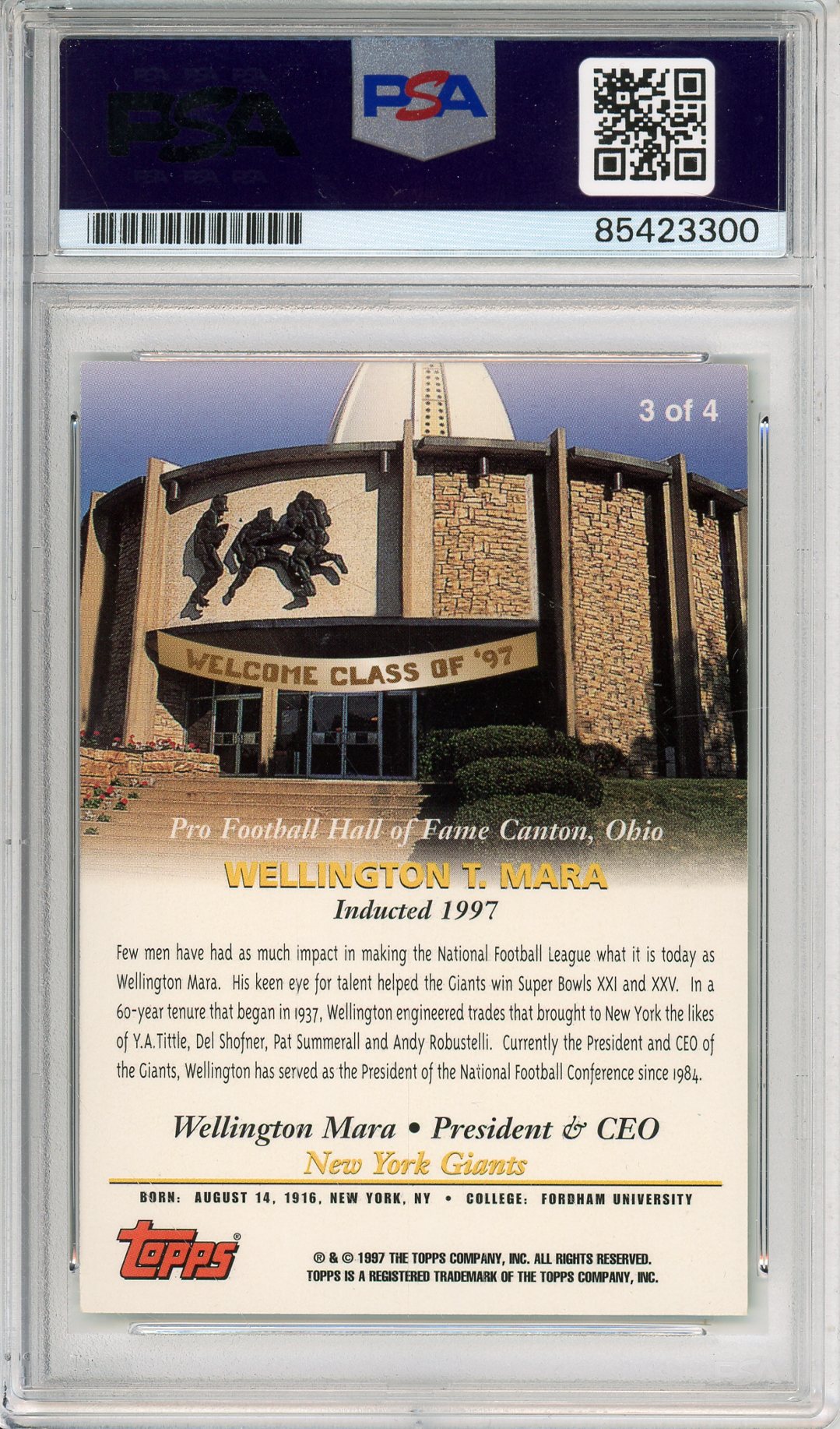 1987 TOPPS WELLINGTON MARA #3 HALL OF FAME CLASS OF 97' AUTOGRAPH PSA/DNA
