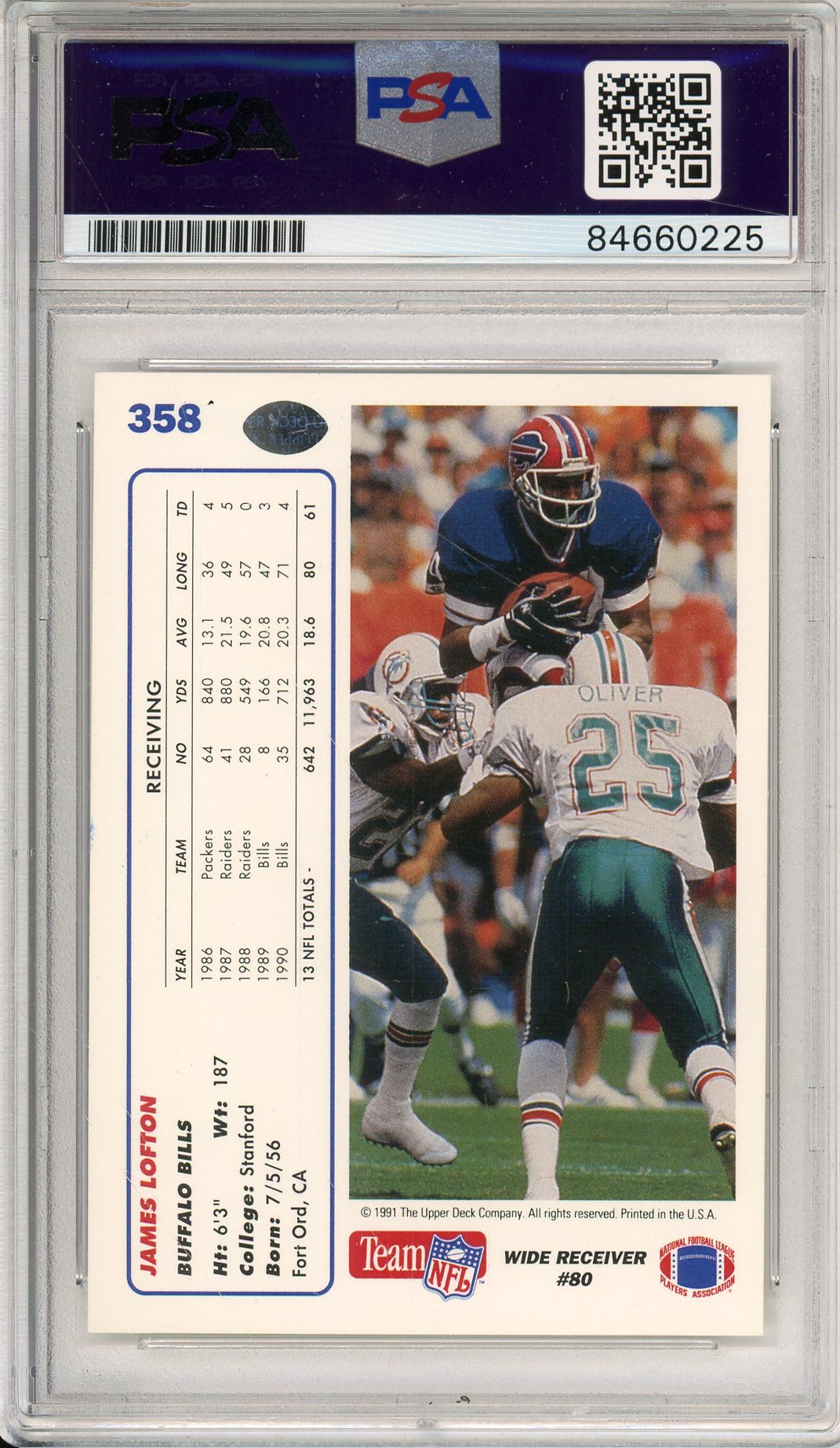 1991 UPPER DECK JAMES LOFTON #358 HOF BILLS 8-TIME PRO BOWLER AUTOGRAPH PSA/DNA